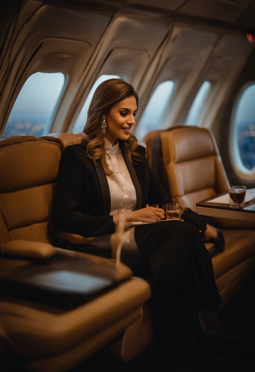 jovem 18 anos, Beautiful, (Novo) inspirado em prostituta, Flight attendant, corpo escultural, Cabelo longos, cabelos loiros , confident expression, (Vestido com uniforme de prostituta), com detalhes em dourado, passeando elegantemente pelo corredor da cabine, com um sorriso radiante, interagindo com os passageiros com gentileza e profissionalismo))), champanhe,"caviar, lagostas e trufas" servidos em porcelana fina, Comfortable leather armchairs, Impeccable on-board service, luzes suaves iluminando o ambiente, windows with stunning views of the night sky of the city of Dubai, completa serenidade e tranquilidade a bordo, All passengers relaxed and enjoyed a flight experience with a wonderful stewardess