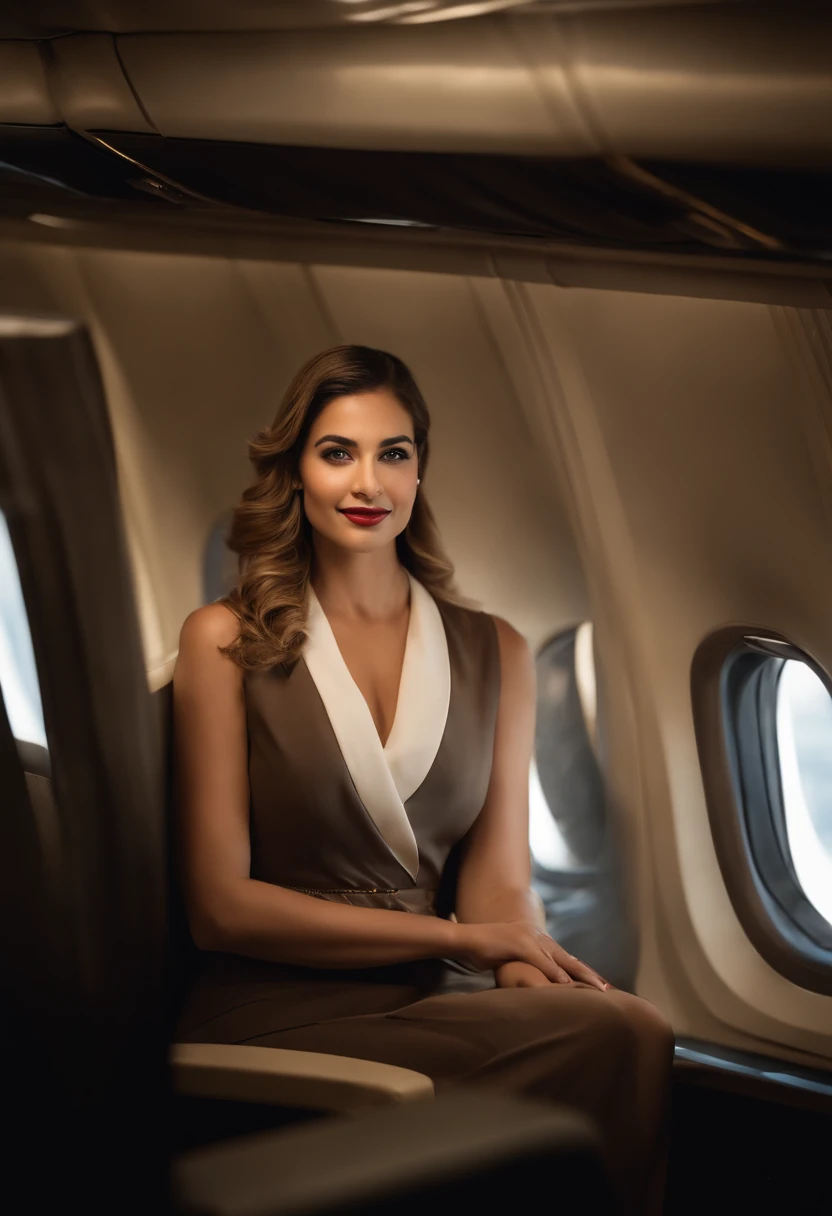 jovem 18 anos, Beautiful, (Novo) inspirado em prostituta, Flight attendant, corpo escultural, Cabelo longos, cabelos loiros , confident expression, (Vestido com uniforme de prostituta), com detalhes em dourado, passeando elegantemente pelo corredor da cabine, com um sorriso radiante, interagindo com os passageiros com gentileza e profissionalismo))), champanhe,"caviar, lagostas e trufas" servidos em porcelana fina, Comfortable leather armchairs, Impeccable on-board service, luzes suaves iluminando o ambiente, windows with stunning views of the night sky of the city of Dubai, completa serenidade e tranquilidade a bordo, All passengers relaxed and enjoyed a flight experience with a wonderful stewardess