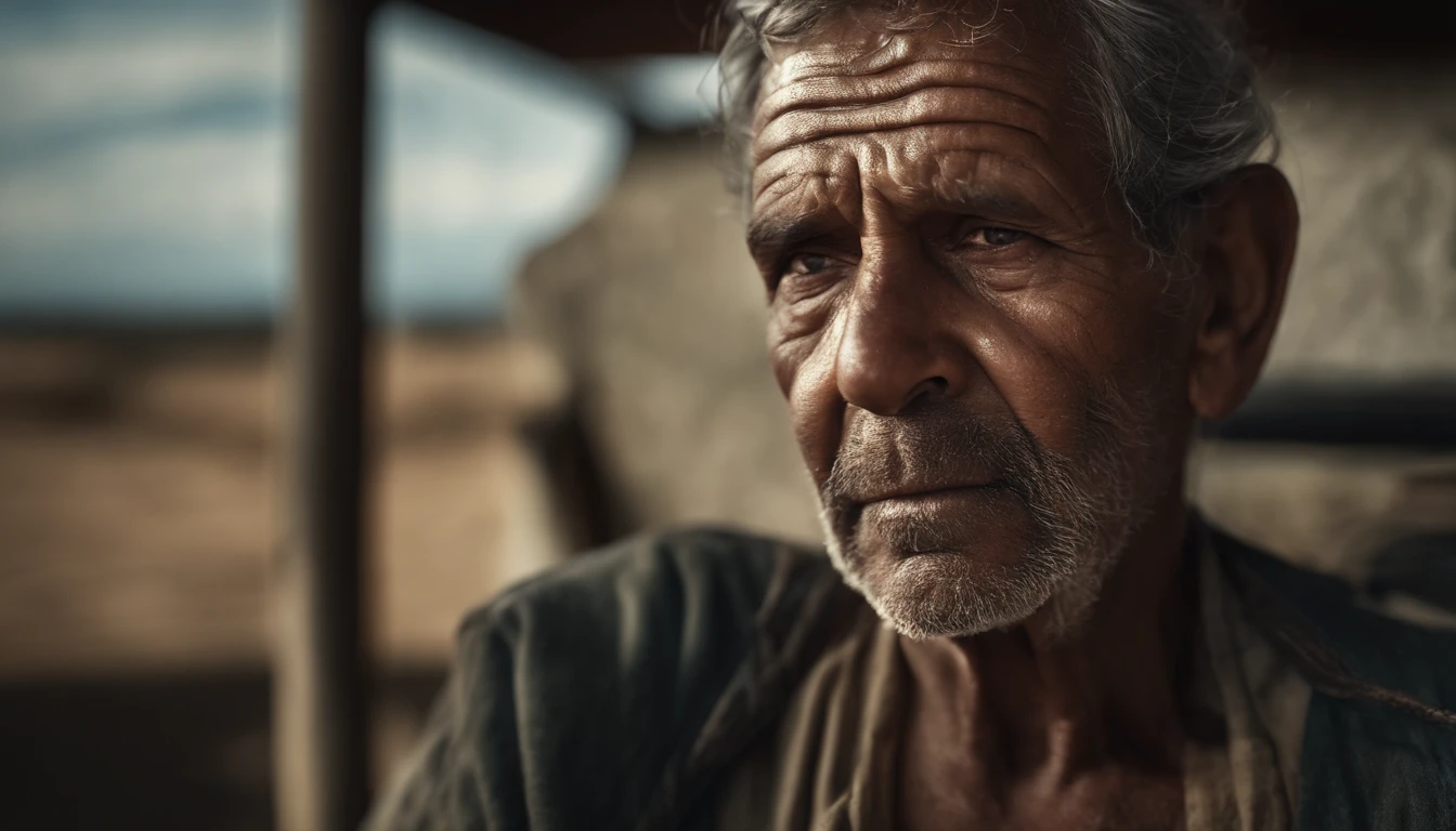 Foto de retrato de glamour (de cima:0.5) of a poor old worker in rags with overwhelming fatigue and old wrinkles with rough pores of the skin, fotorrealista, Moody Cores, Tema escuro, altamente detalhado, skin pores, Casais, manchas na pele, rough skin, ray tracing, Subsurface scattering, cabelos brancos, foco facial, foco nítido, olhos detalhados, com profunda tristeza
