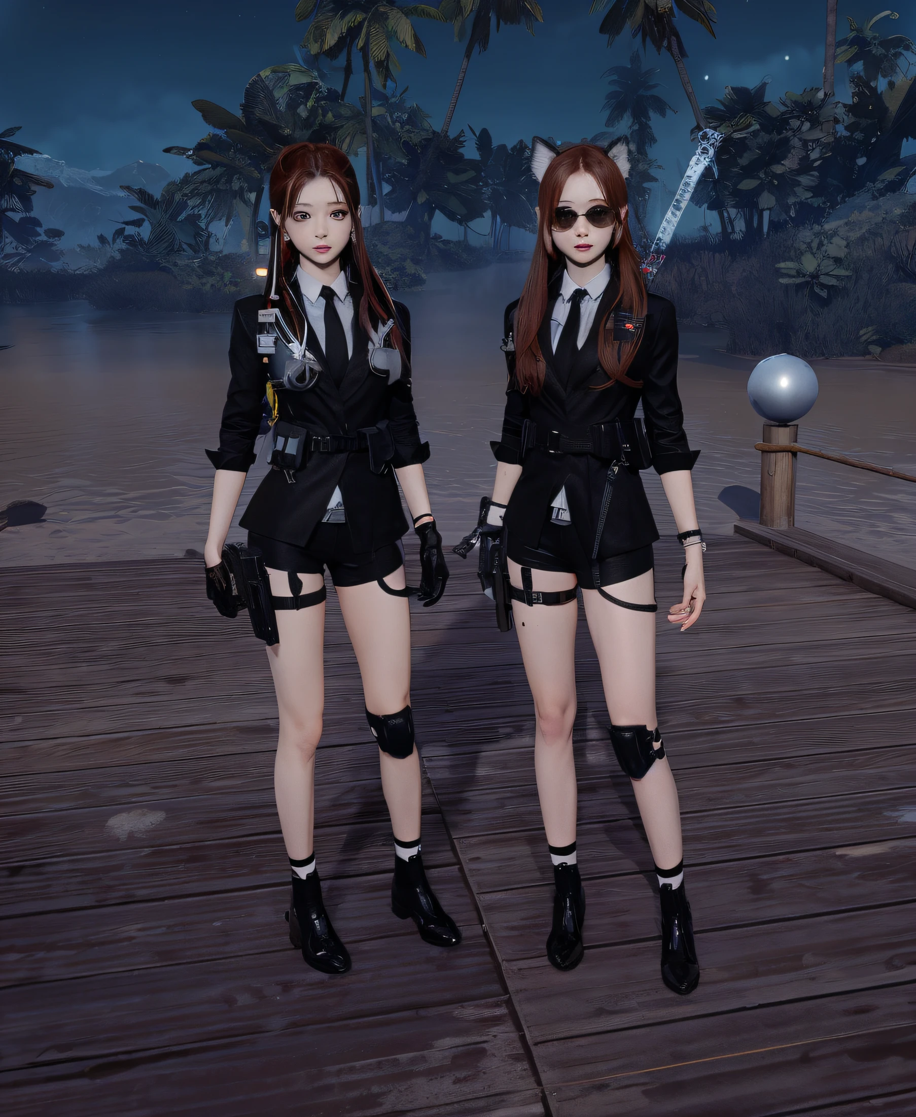there are two females in black outfits standing on a dock, outfit: cop, ingame image, m4 sopmod ii girls frontline, pitch black skin, girls frontline style, lunar themed attire, in game, in black uniform, gilded black uniform, wearing techwear and armor, infantry girls, inspired by Wang Duo, jk uniform, kantai collection style