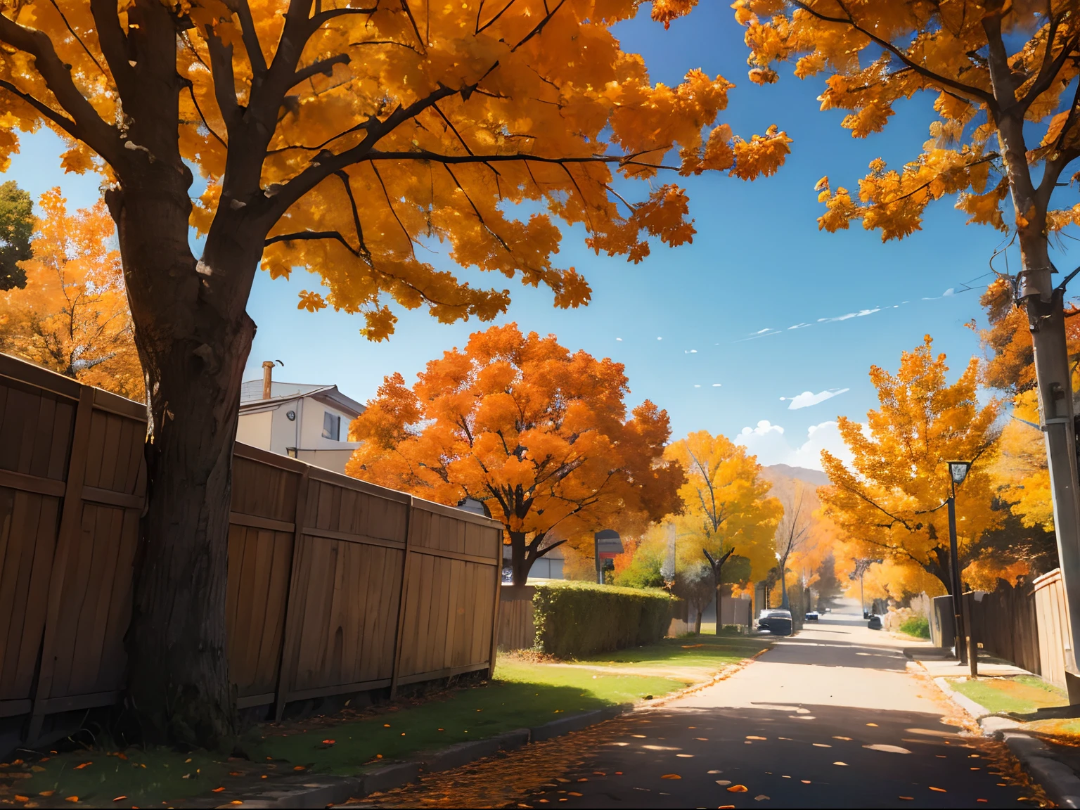 Backbench, orange autumn trees in background and leaves falling, orange colors, warm colors