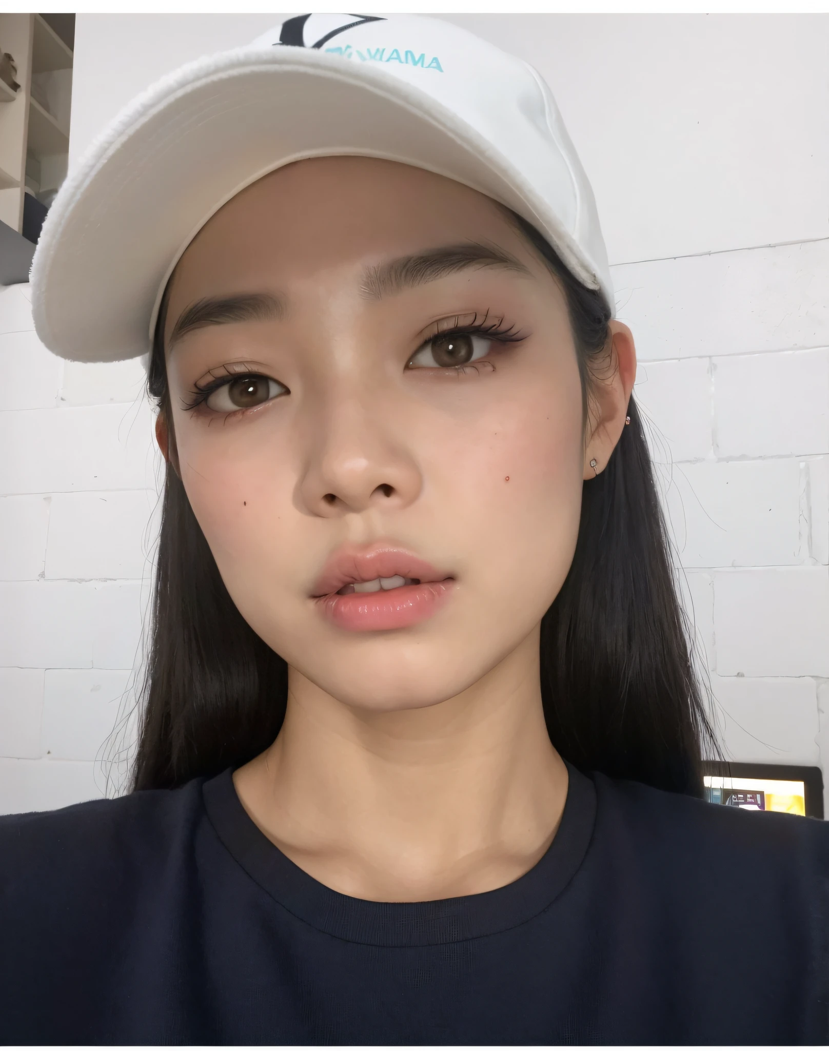 Hay una mujer con un sombrero blanco y una camisa negra, Blackpink Jennie, 8k selfie photograph, Joven y adorable rostro coreano, Wan adorable cara coreana, young cute wan asian face, maquillaje popular de Corea del Sur, Parque Roseanne de Blackpink, Beautiful aesthetic face, Heonhwa Choe, Retrato de Jossi de Blackpink, south east asian with round face, Jossi de Blackpink
