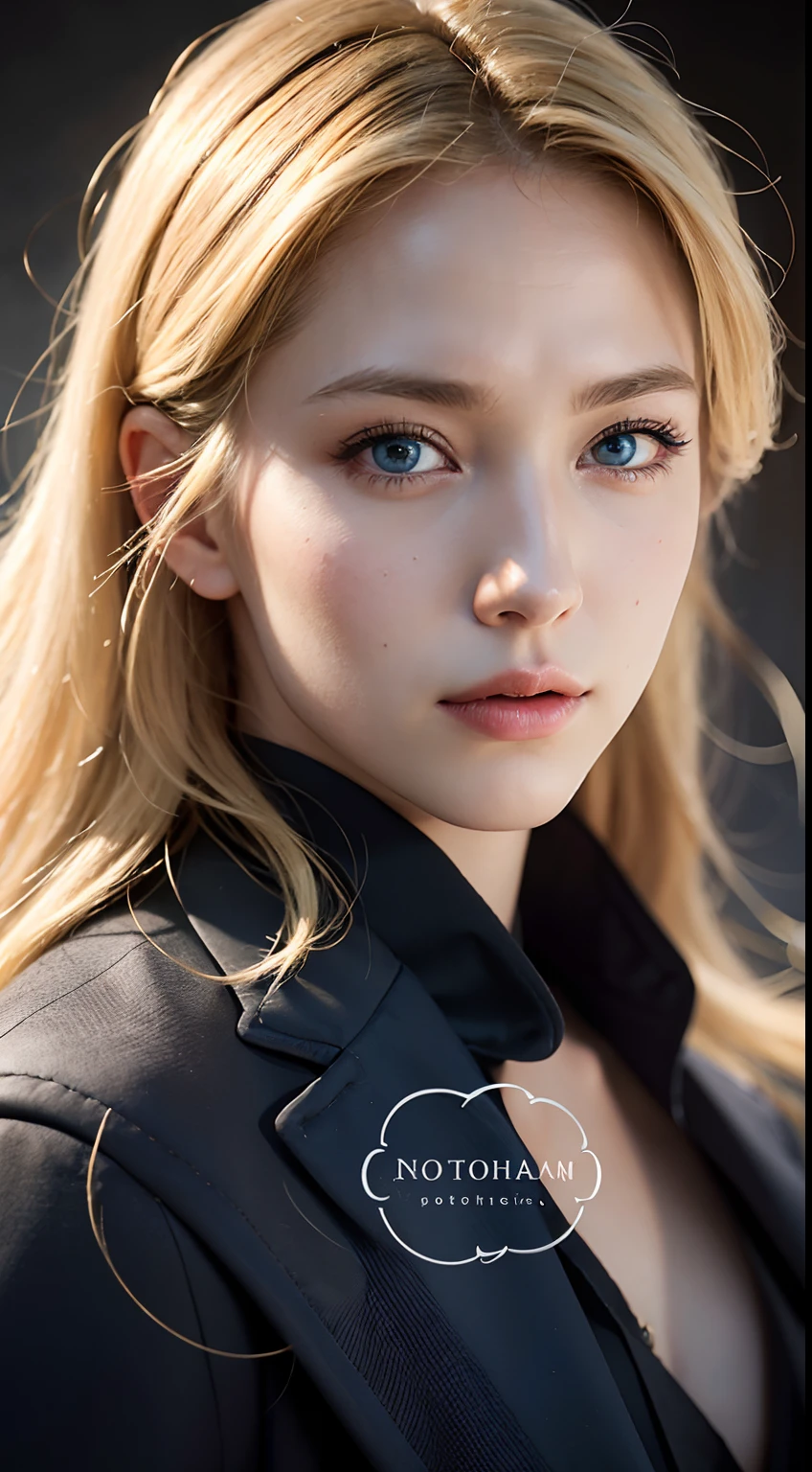 Best quality, masterpiece, ultra high res, (photorealistic:1.4), raw photo, 1girl, blonde hair, blue eyes, detailed eyes and face, black suit, dynamic lighting, in the dark, deep shadow, low key, cowboy shot full-lenght body