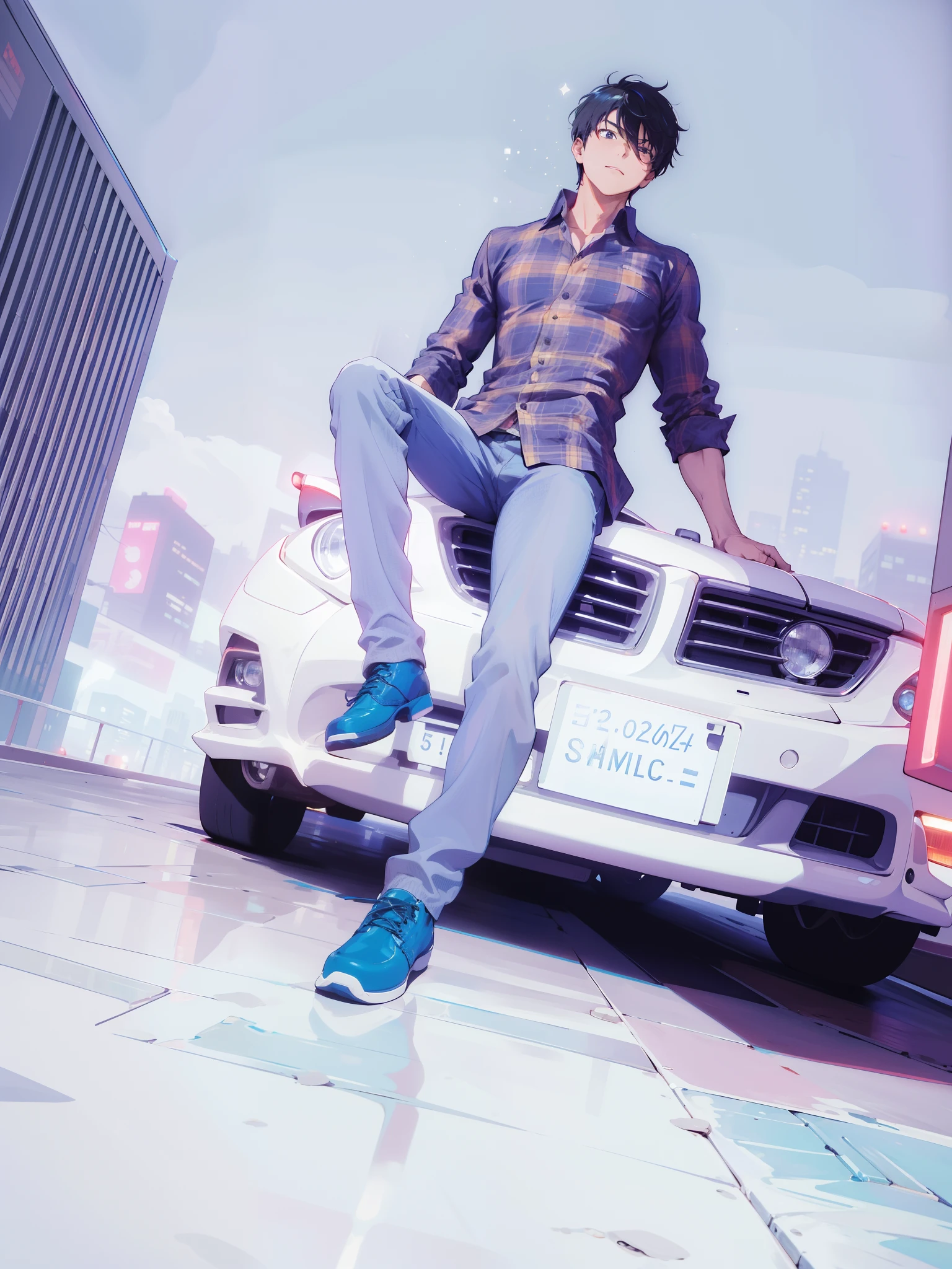 1boy sitting on a car, night city,epic photo,