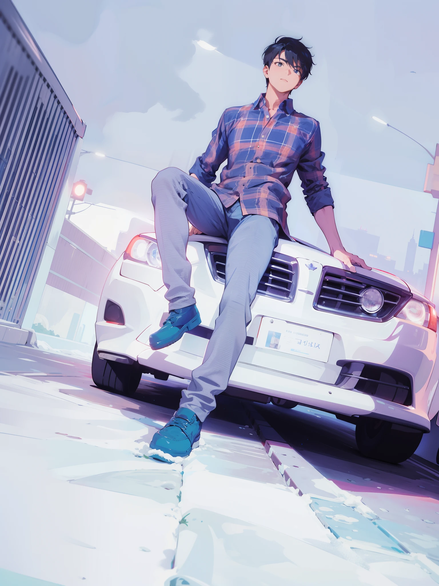 1boy sitting on a car, night city,epic photo,