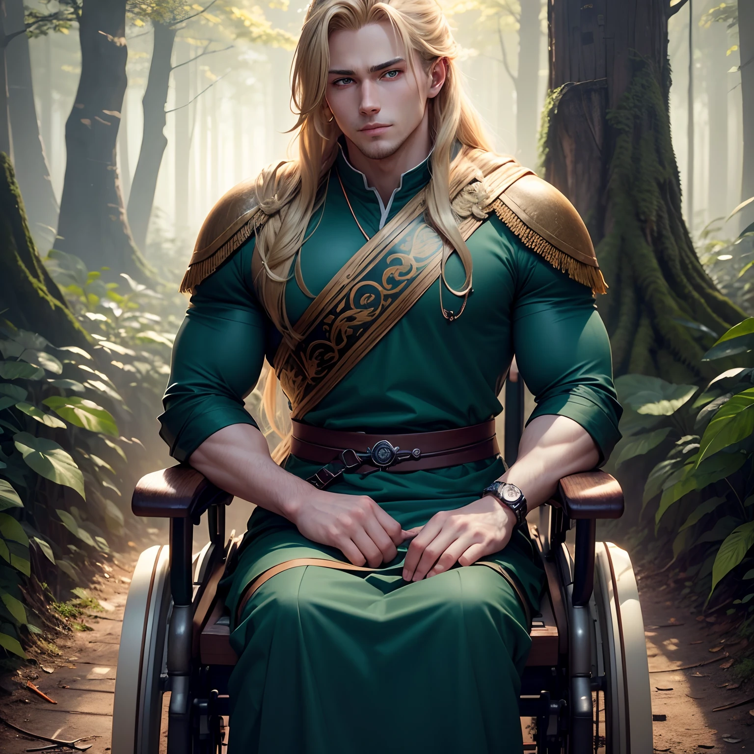 background in the forest, named is Da,1boy, (man), anime, extremely detailed, hyper detailed, (broad shoulders), (PERFECT FACE), illustration, soft lighting, 3d, detailed eyes, blonde hair, long hair, teal eyes, Sit in a wooden wheelchair, wearing is tunic, Smirking