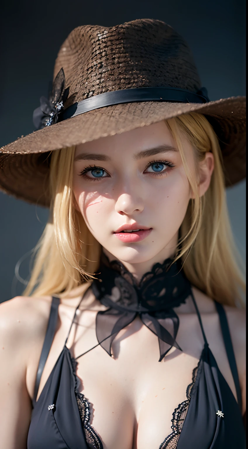 Best quality, masterpiece, ultra high res, (photorealistic:1.4), raw photo, 1girl, blonde hair, blue eyes, detailed eyes and face, black suit, dynamic lighting, in the dark, deep shadow, low key, cowboy shot full-lenght body