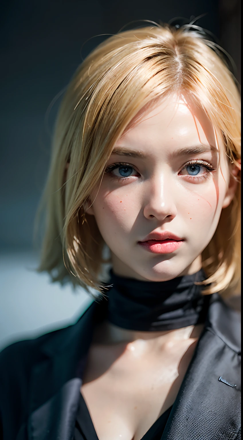 Best quality, masterpiece, ultra high res, (photorealistic:1.4), raw photo, 1girl, blonde hair, blue eyes, detailed eyes and face, black suit, dynamic lighting, in the dark, deep shadow, low key, cowboy shot full-lenght body
