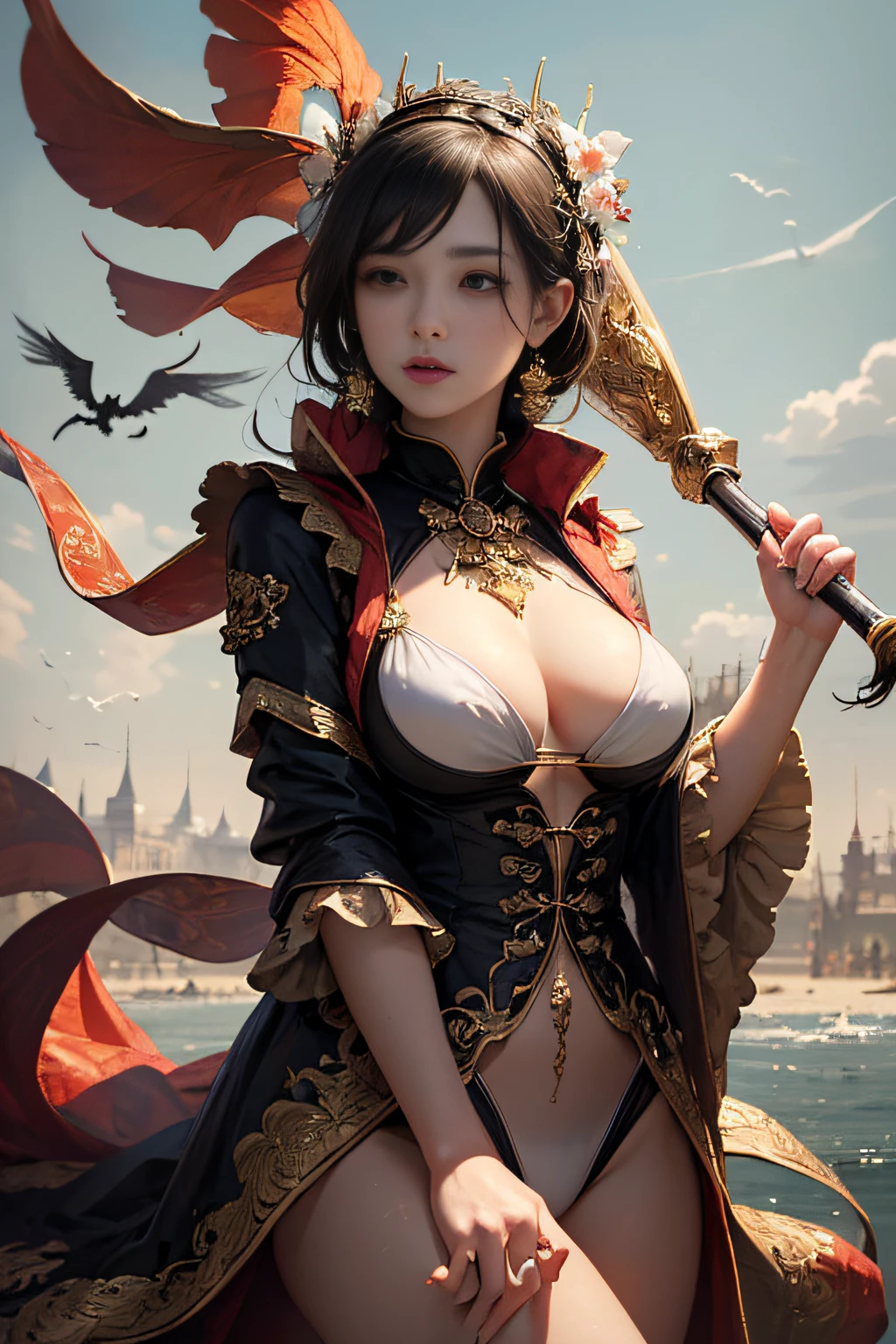 (masterpiece, top quality, best quality, official art, beautiful and aesthetic: 1.2), (1 girl), extremely detailed, colorful, most detailed, official art, Unity 8k wallpaper, ultra detailed, beautiful and aesthetic, beautiful, masterpiece, best quality, (Swimsuit swimming halloween), Haunted Mansion, flying ghost, scary pumpkin art, black cat drawing, PerfectNwsjMajic