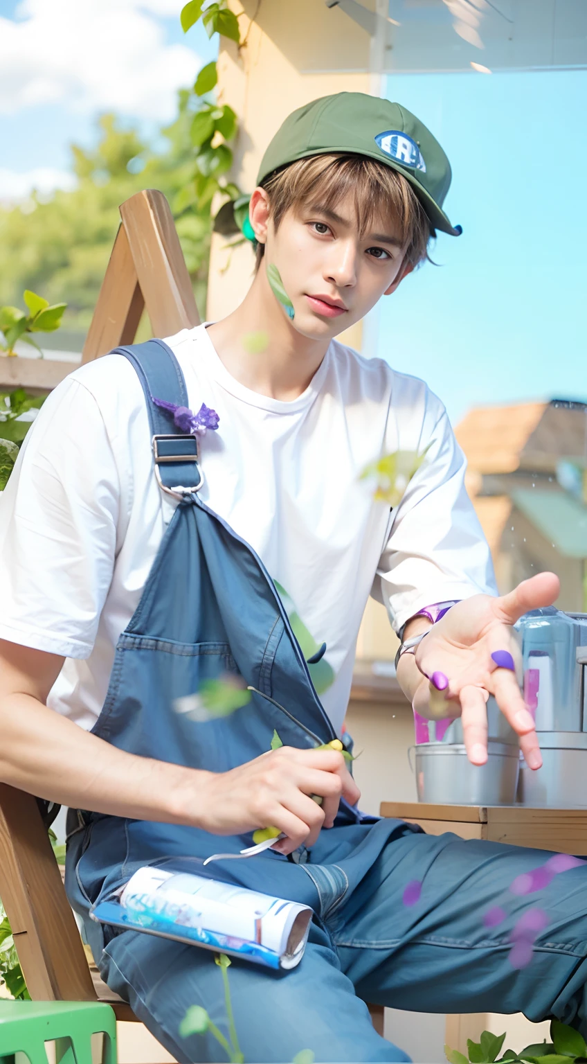 Boy wearing a white shirt, blue pants and a green hat