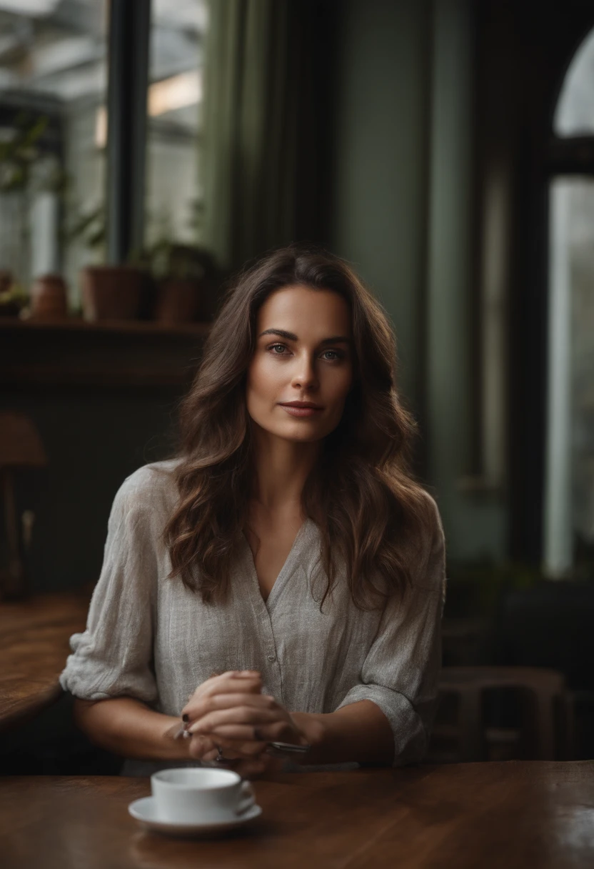 femme brune, Detailed LONG & messy hair, a cafe