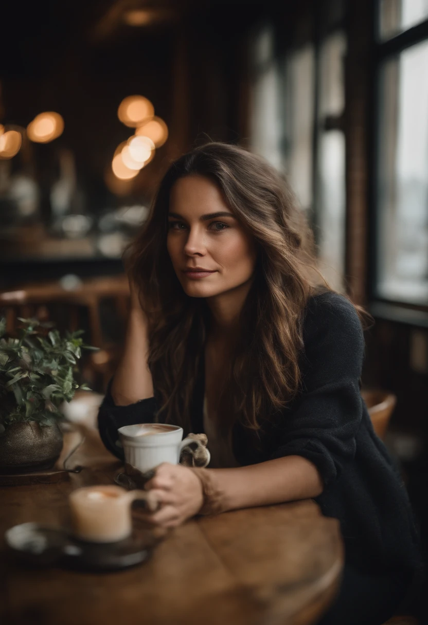 femme brune, Detailed LONG & messy hair, a cafe