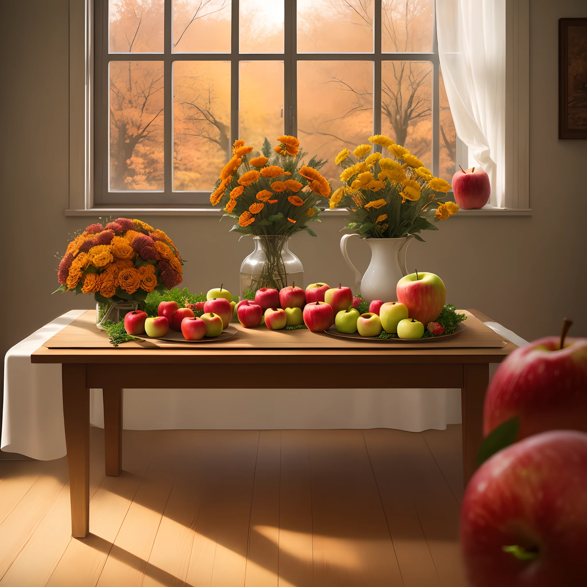 Bouquet of autumn flowers on the table, Apples lie nearby, still life, light room