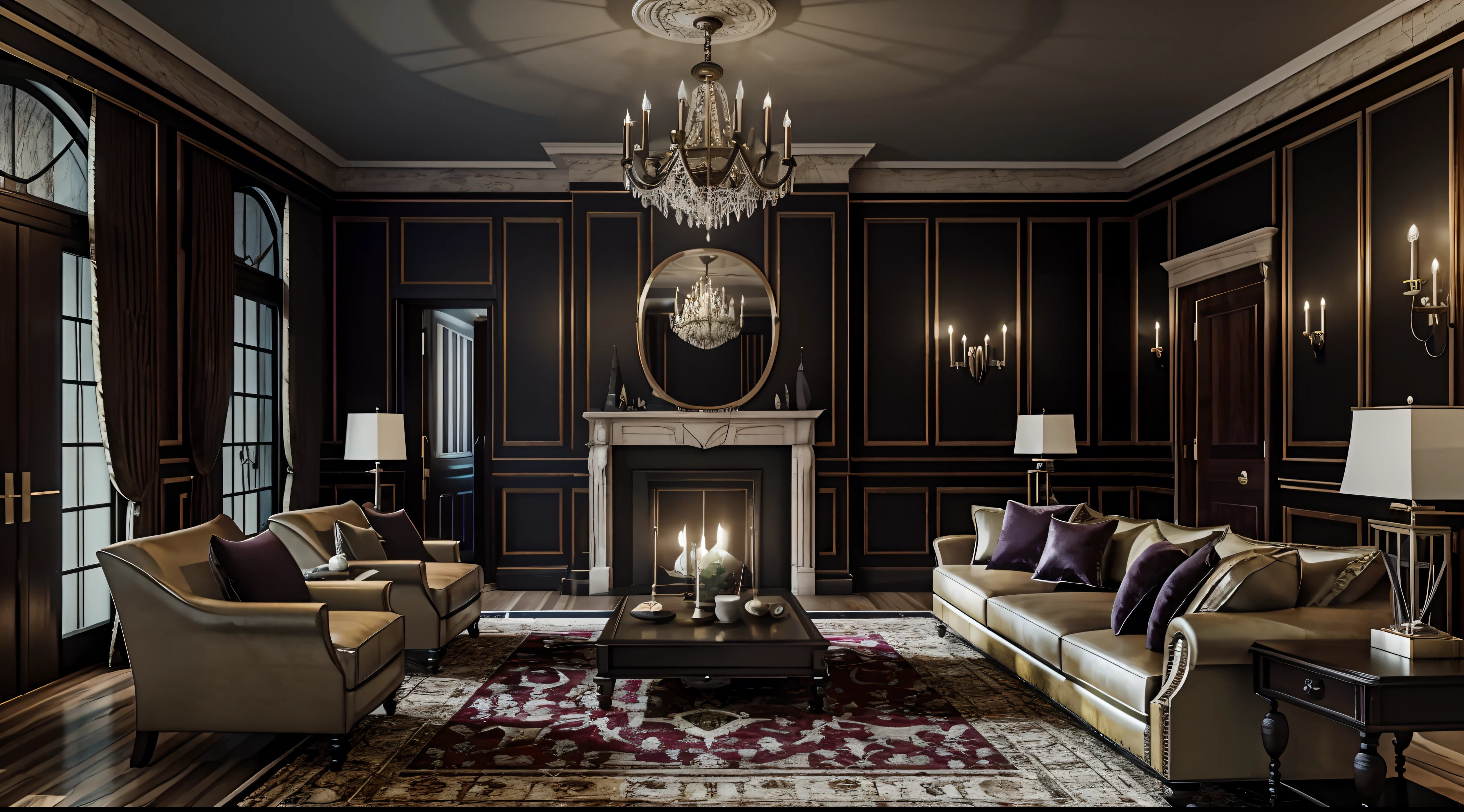 Interior, victorian Manor with reliquies, (((Nigth))), (((moonligth enters the living room)))
