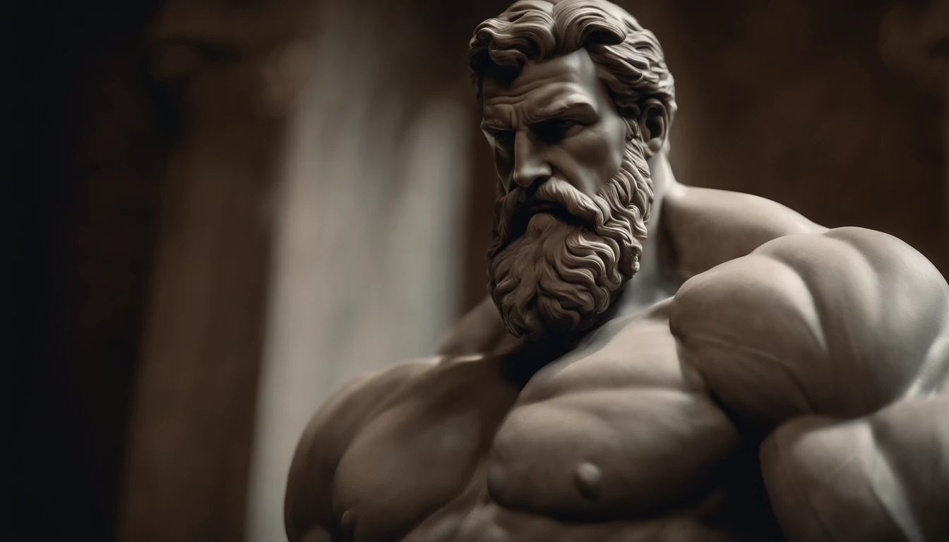 close up of a statue of a man with a beard, a statue inspired by Exekias, featured on zbrush central, digital art, statue of hercules looking angry, muscular character, realistic 8k bernini sculpture