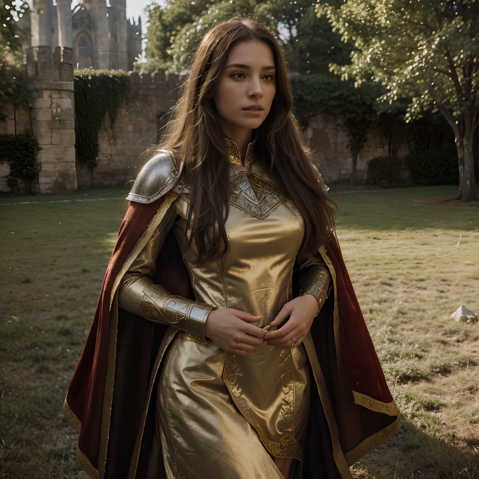 (a detailed large scale highres masterpiece:1.2), medieval, brave Templar knight, passionately embracing beautiful woman, golden sunlight pouring in, ancient stone castle with tall towers, intricate armor shining, velvet red cape flowing, intense eye contact, delicate lace detailing on clothing, soft romantic atmosphere, gentle breeze rustling their hair, serene countryside landscape in the background, epic love story, heroic and tender, cinematic lighting, warm earth tones.