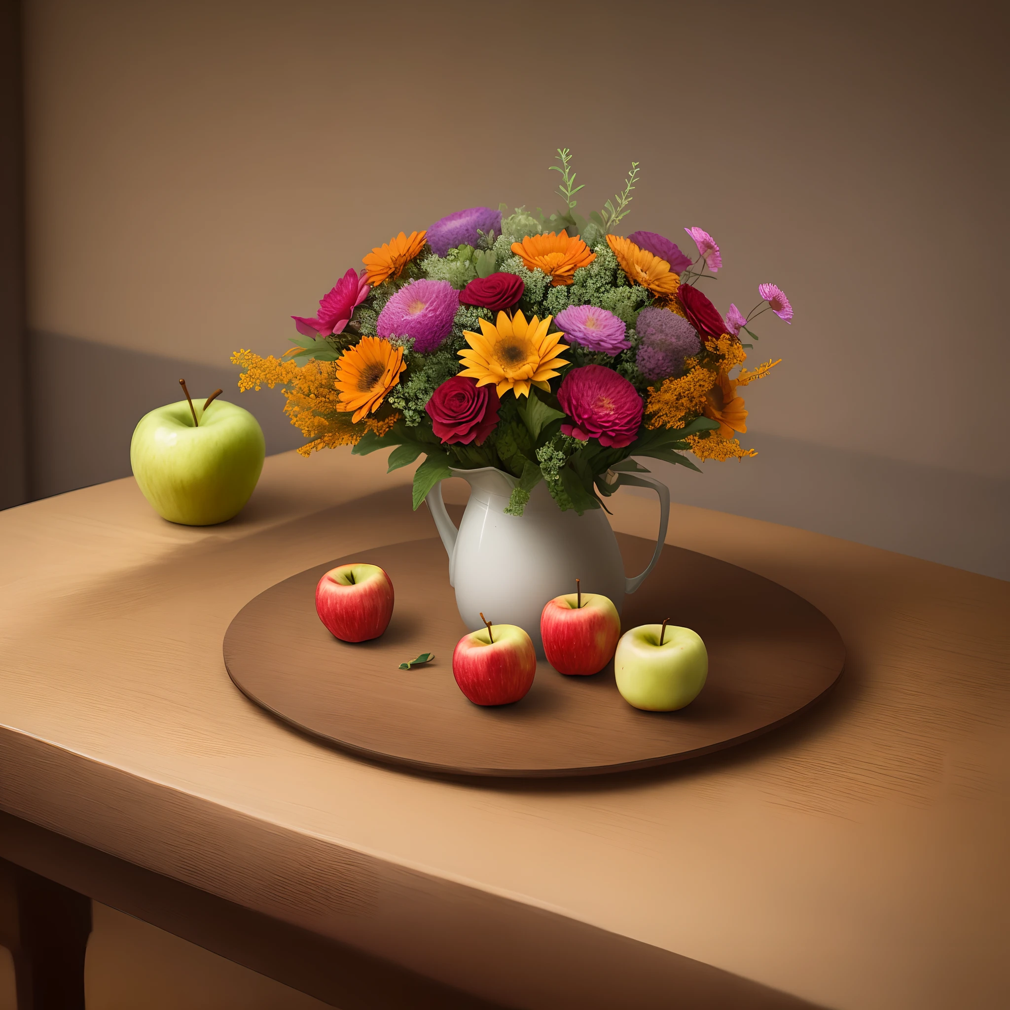 Bouquet of autumn flowers on the table, Apples lie nearby, still life, light room