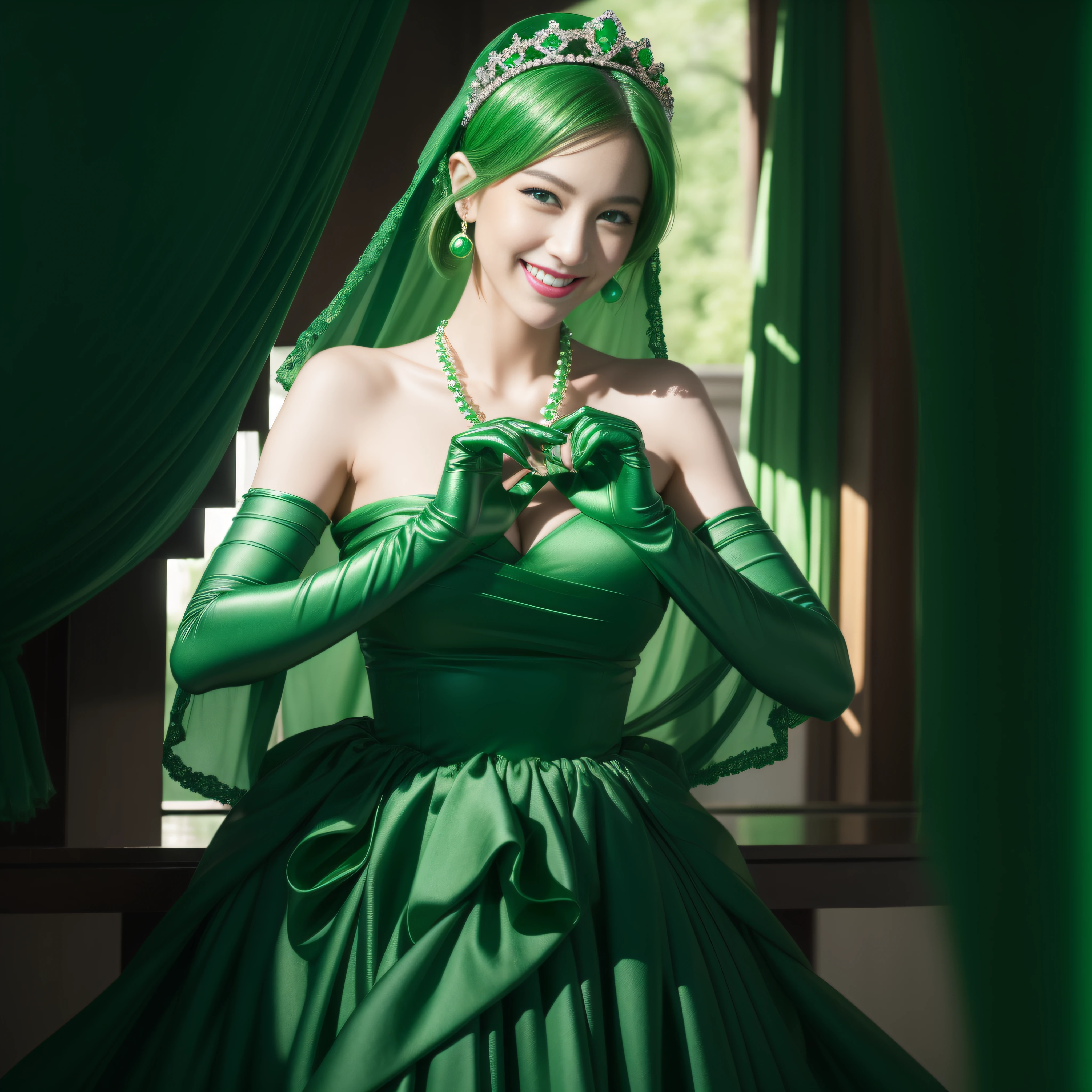 emerald tiara, Green Pearl Necklace, Boyish very short green hair, lipsticks, Japan woman smiling, very short short hair,  big breasts beautiful, Green eyes, Long green gloves made of satin material, Green eyes, Emerald Earrings, green vale, Heart with both hands,Green hair