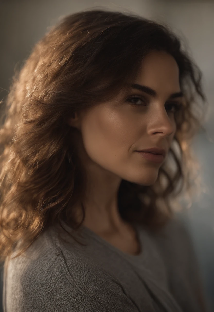 femme brune, Detailed LONG & messy hair, Plan moyen, musculaire, seulement, casual wear , a cafe