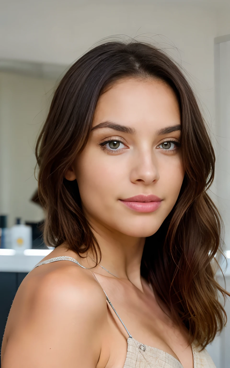 Belle brune portant un pull beige clair (Nail care in a modern beauty salon), Very detailed, 21 ans, visage innocent, natural wavy hair, yeux bleus, High resolution, Masterpiece, Best quality, Intricate details, highly detailed, mise au point nette, detailed skin, realistic skin texture, texture, detailled eyes, professionnel, 4K, sourire charmant, filmed on Canon, 85 mm, faible profondeur de champ, Couleur Kodak Vision, perfect fit body, Extremely detailed, photographier_\(ultra\), photoreallistic, Realstic, Post-traitement, Maximum details, roughness, real life, ultra realist, photorealism, photographie, 8K UHD, photographie