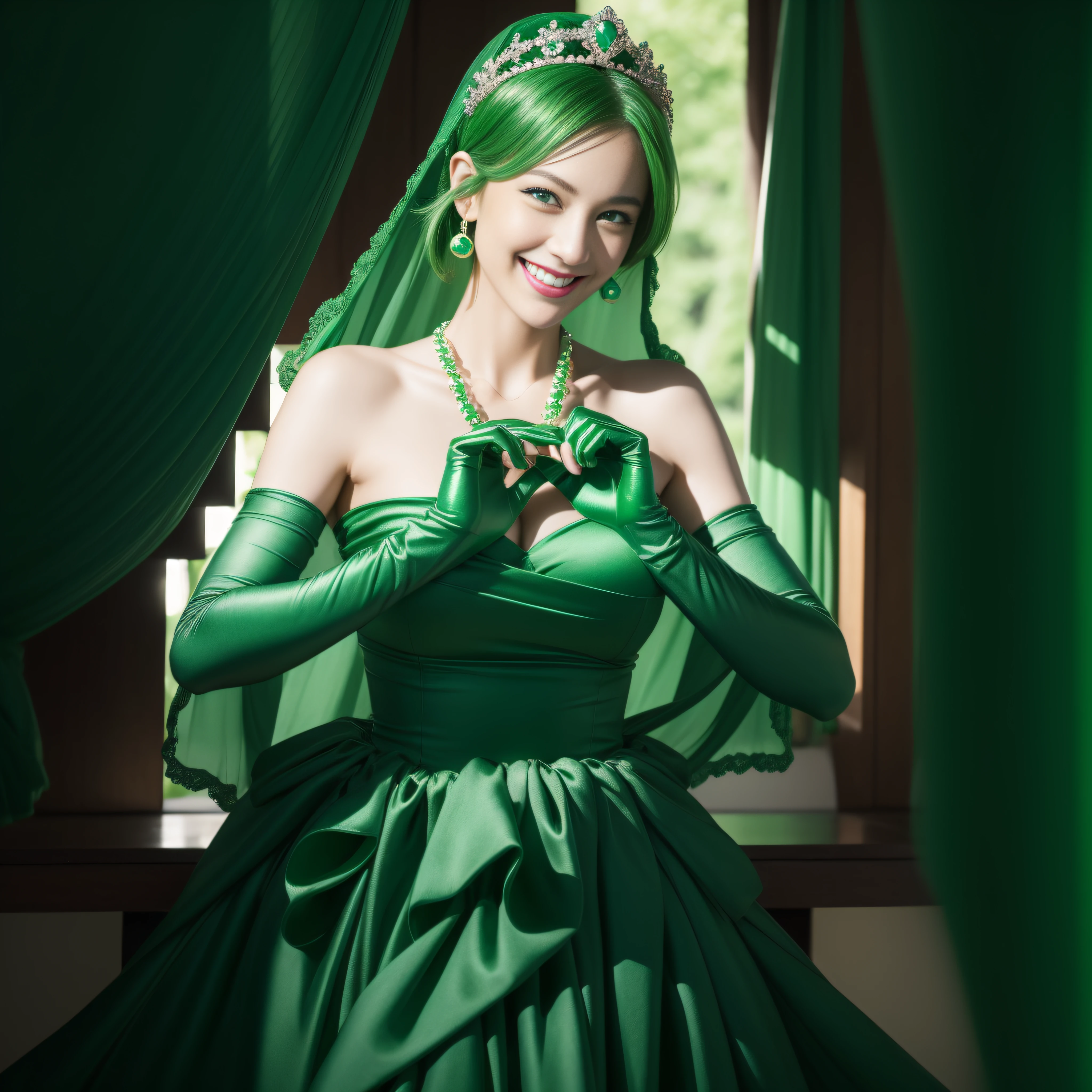 emerald tiara, Green Pearl Necklace, Boyish very short green hair, lipsticks, Japan woman smiling, very short short hair, big breasts beautiful, Green eyes, Long green gloves made of satin material, Green eyes, Emerald Earrings, green vale, Heart with both hands,Green hair