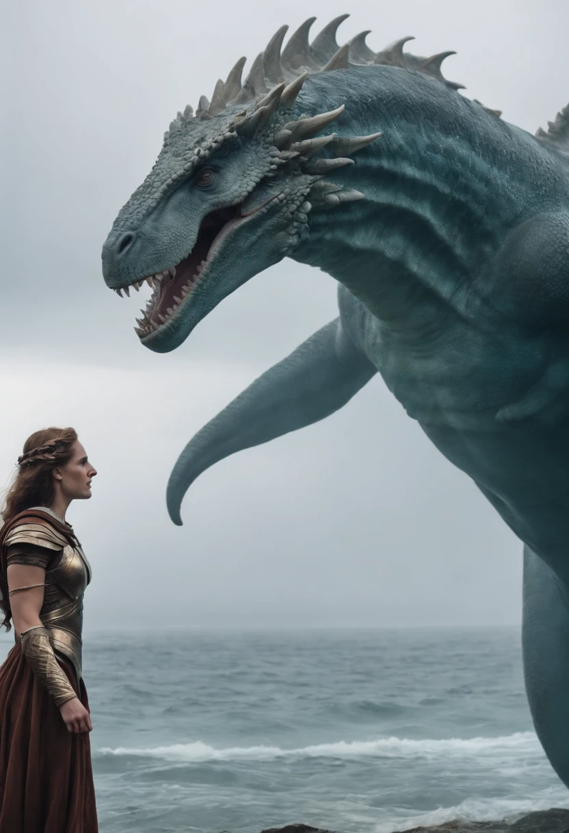 image of Perseus in an epic setting, fighting a ferocious sea monster to rescue Andromeda, who is in danger. The scene must convey the intensity of the combat, Perseus's bravery and Andromeda's vulnerability.