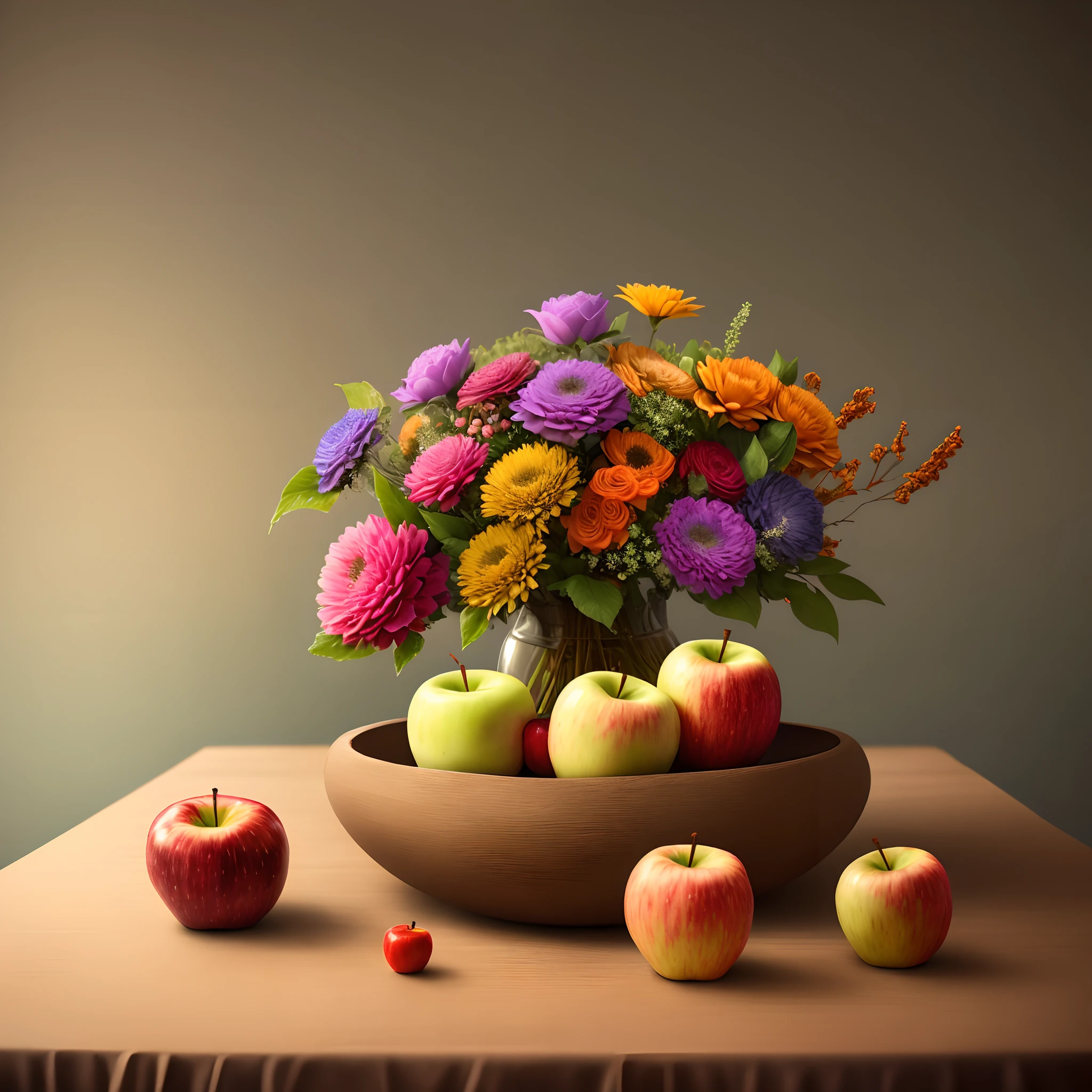 Bouquet of autumn flowers on the table, Apples lie nearby, still life, light room