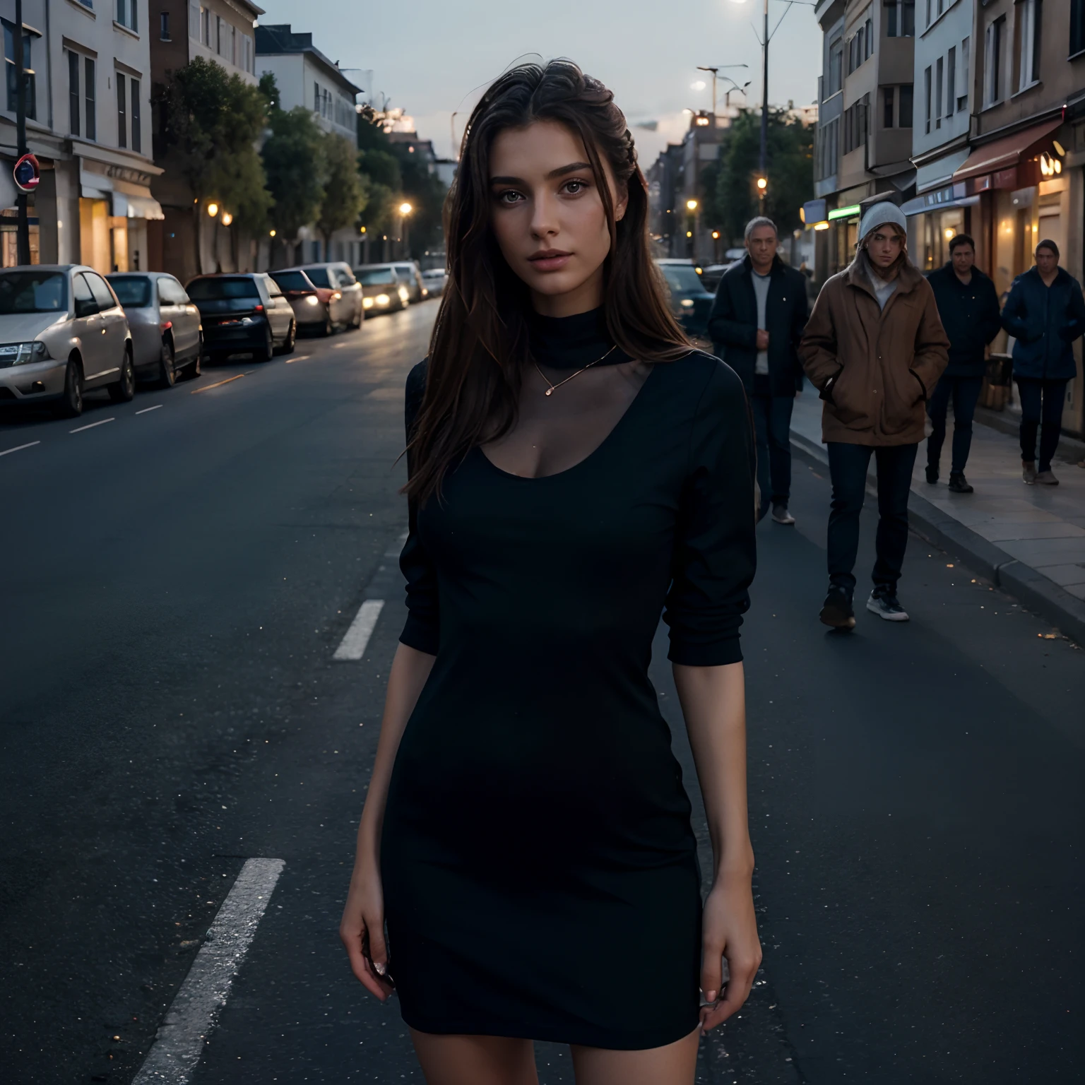 ((best quality)), ((masterpiece)), (detailed), 1 girl with long blond hair, walking in european clothes, summer night, prague, model pose, style, model face