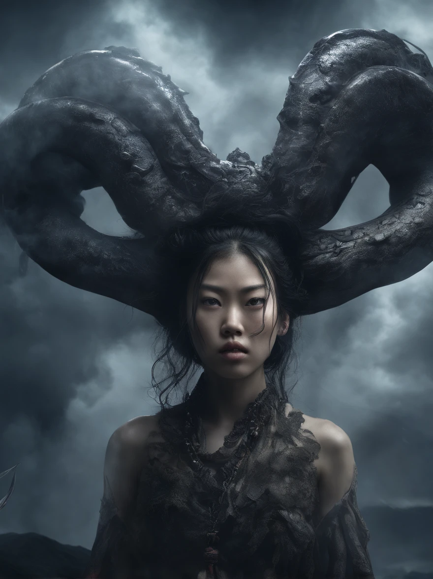 (masterpiece), scary, dark, spooky, underwater foggy liquid swirling void, best quality, front view, demonic, asian 18 yo age girl liu wen, shaved eyebrows, with large black ram horns, nude, a large serpent and slimy tentacles wrapped around her shoulders. moody dramatic lighting, stormclouds, rainstorm, lightning, smoky swirling fog environment, ambiguous smoke background, wide-angle shot, wide-angle shot, dramatic angle, extreme angle shot, vignette, surreal nightmare,