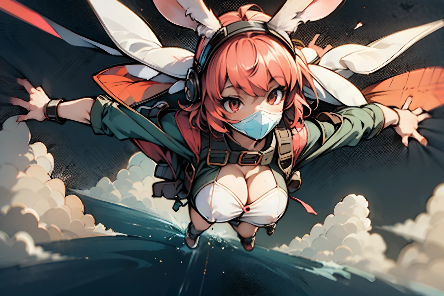 a sticker、​masterpiece、top-quality、hight resolution、8K、full body Esbian、1 rabbit girl、((Big ears in rabbits))、soldier、Black special forces clothes、Parachute troops、short-hair、A pink-haired、Colossal tits、cleavage of the breast、Jump from an empty helicopter、Falling into the air in the prone position、Descending from the sky、Do skydiving、micromini skirt、A smile、gas masks、