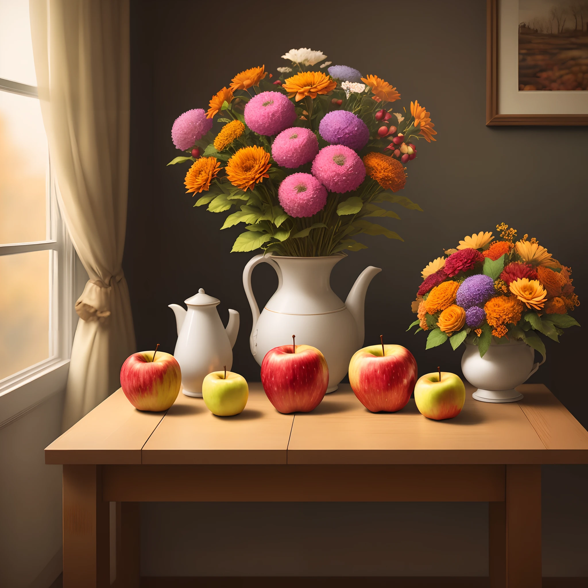 Bouquet of autumn flowers on the table, Apples lie nearby, still life, light room