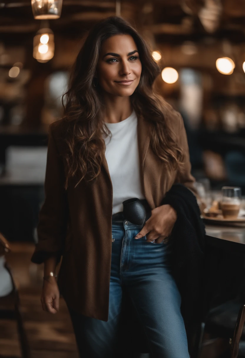 femme brune, Detailed LONG & messy hair, Plan moyen, musculaire, seulement, casual wear , Uniforme Starbucks, Selfie, Coffee, Supermodel very dark tan, beau visage, AVEC DU CAFE face a la camera