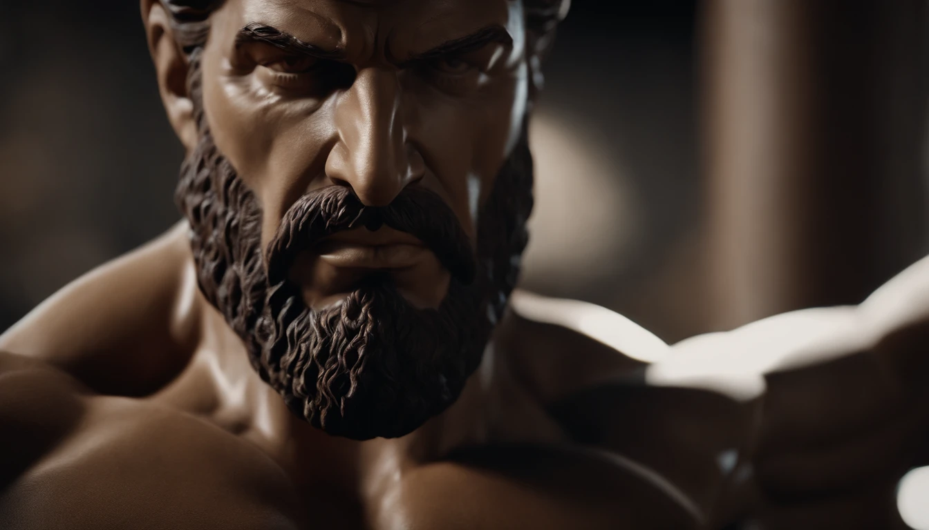 close up of a statue of a man with a beard, a statue inspired by Exekias, featured on zbrush central, digital art, statue of hercules looking angry, muscular character, realistic 8k bernini sculpture