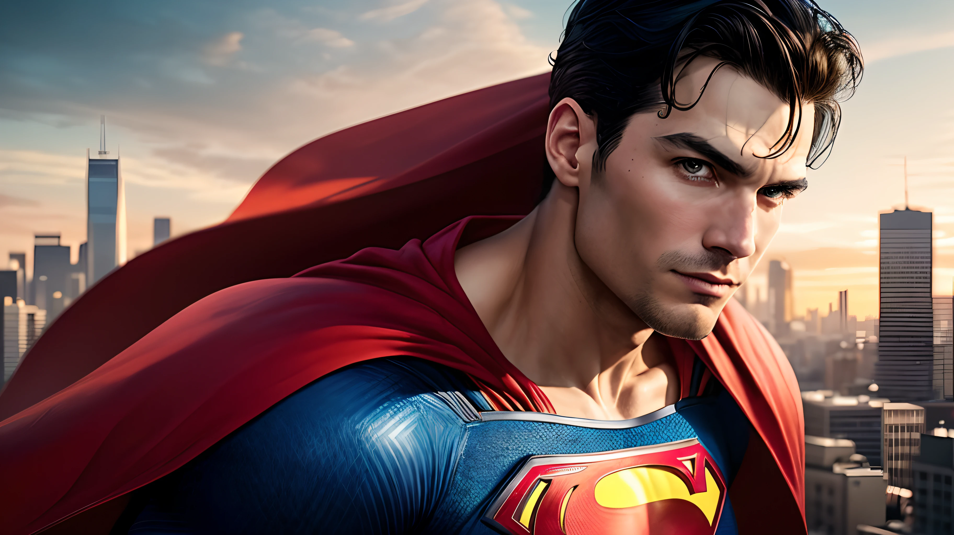 superman is standing in front of a city skyline with a red cape, a portrait inspired by Jim Lee, featured on zbrush central, fine art, hot toys, sideshow collectibles, hottoys, closeup portrait shot, super high resolution, superman, closeup shot, super highly detailed, insanely super detailed, super detailed image, superman pose, dynamic closeup, super photo realistic