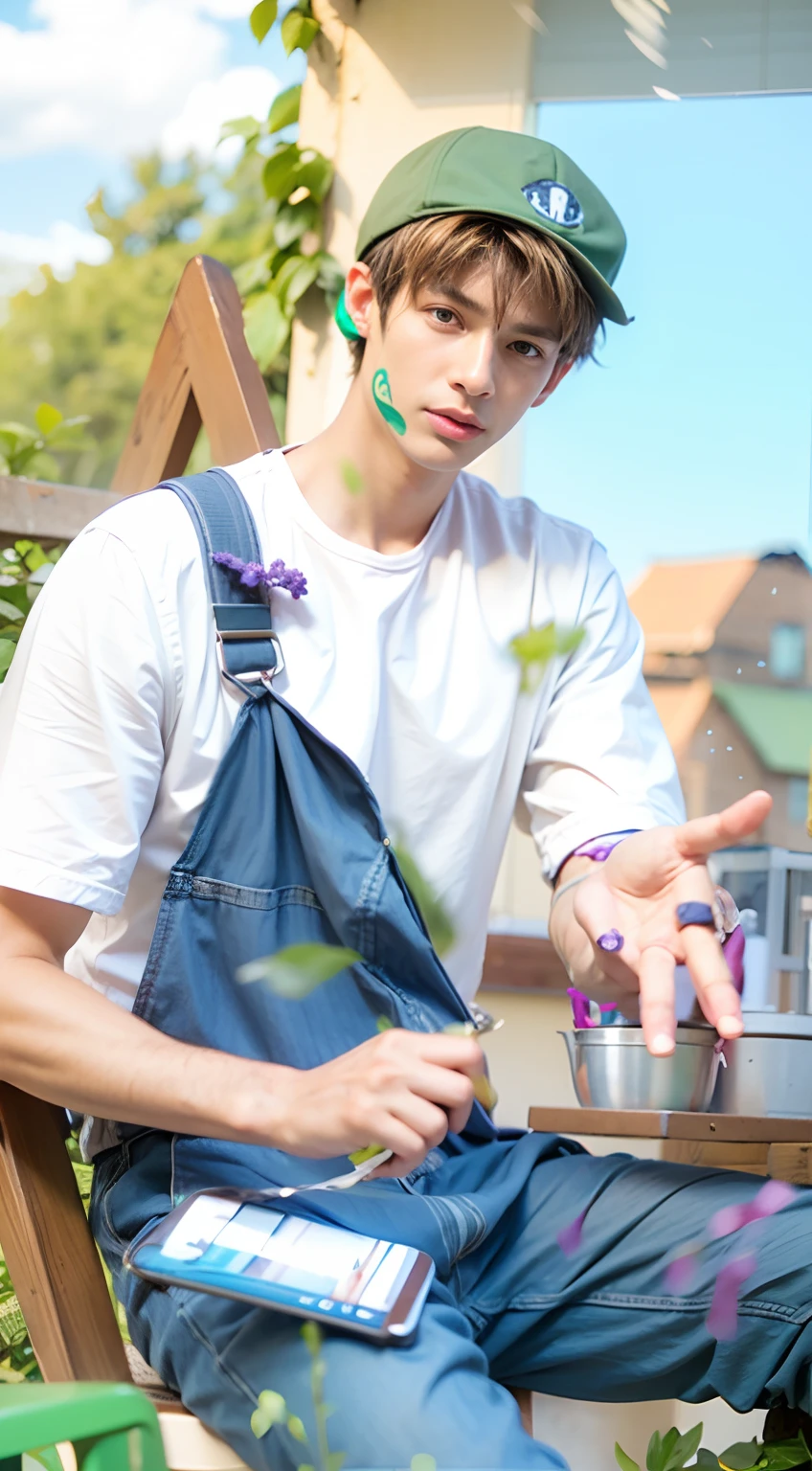 Boy in a white shirt, Blue trousers and green hat