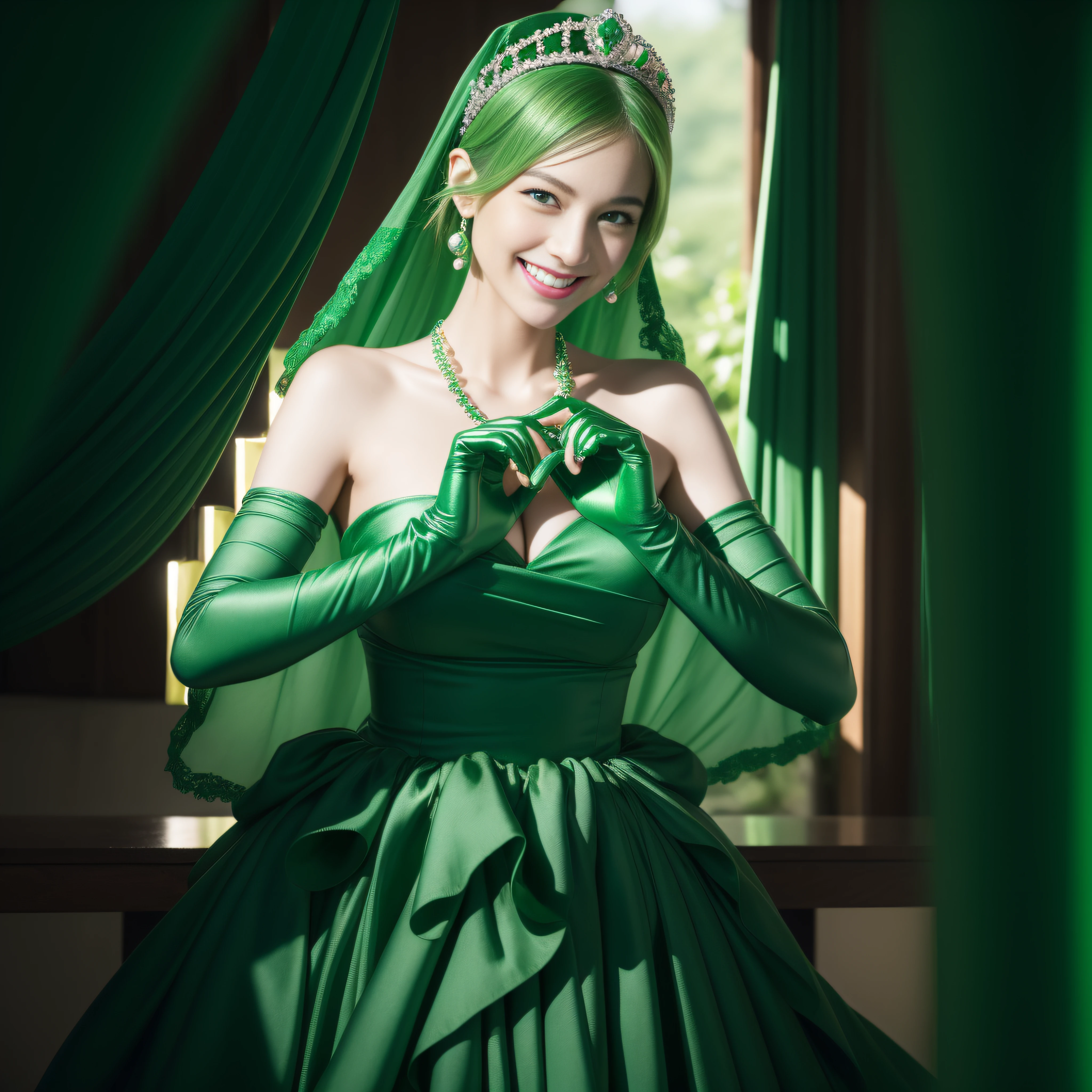 emerald tiara, Green Pearl Necklace, Boyish very short green hair, lipsticks, Japan woman smiling, very short short hair, big breasts beautiful, Green eyes, Long green gloves made of satin material, Green eyes, Emerald Earrings, green vale, Heart with both hands,Green hair
