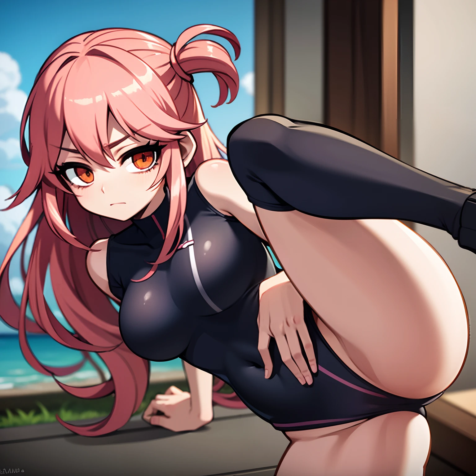 Leaning forward,highleg swimsuit