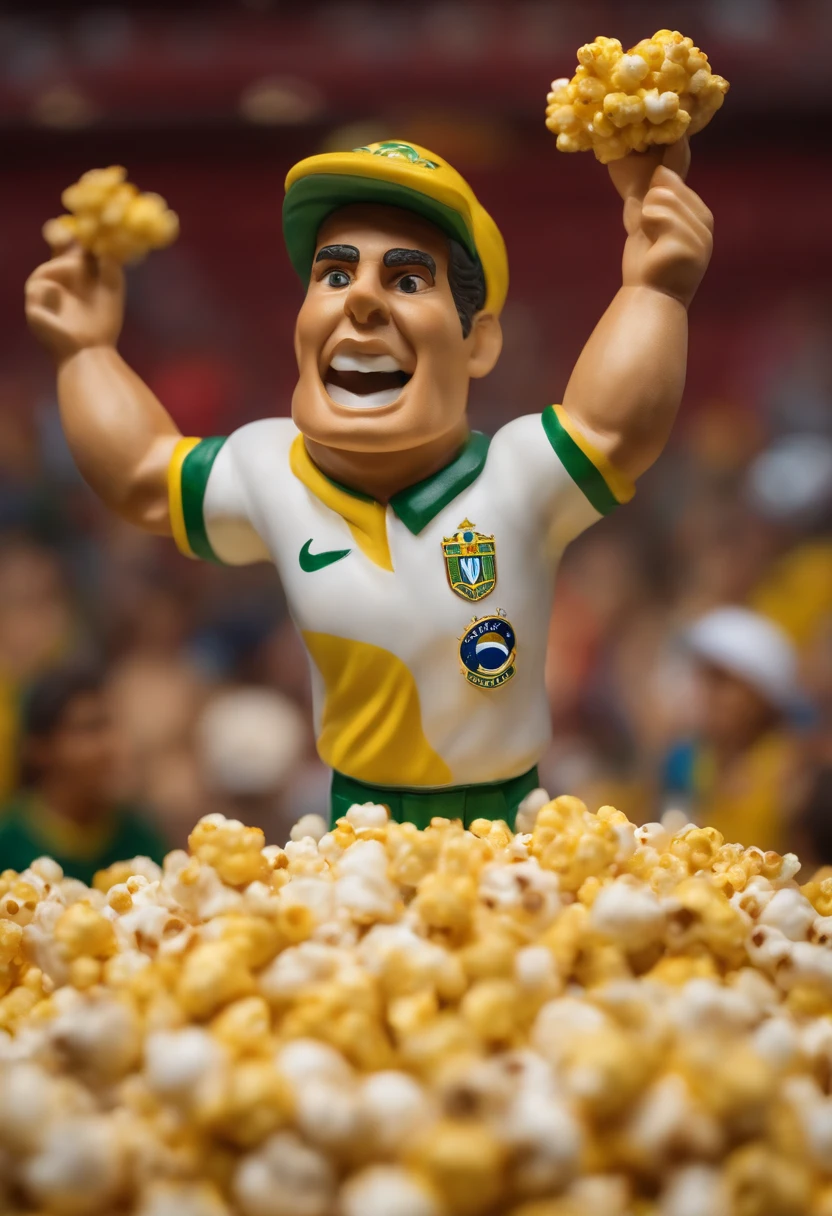Create a marble statue of a Brazilian national team fan throwing a bag of popcorn