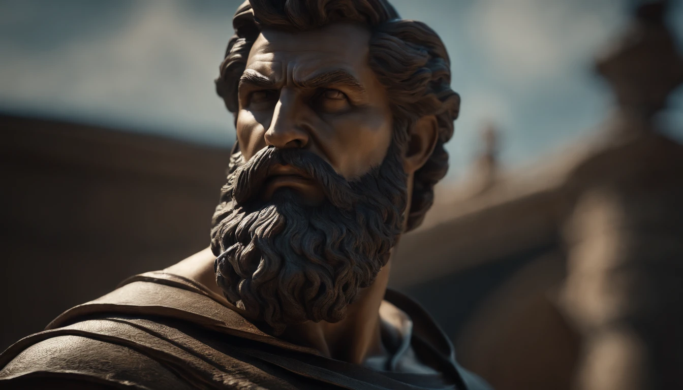 close up of a statue of a man with a beard, a statue inspired by Exekias, featured on zbrush central, digital art, statue of hercules looking angry, muscular character, realistic 8k bernini sculpture