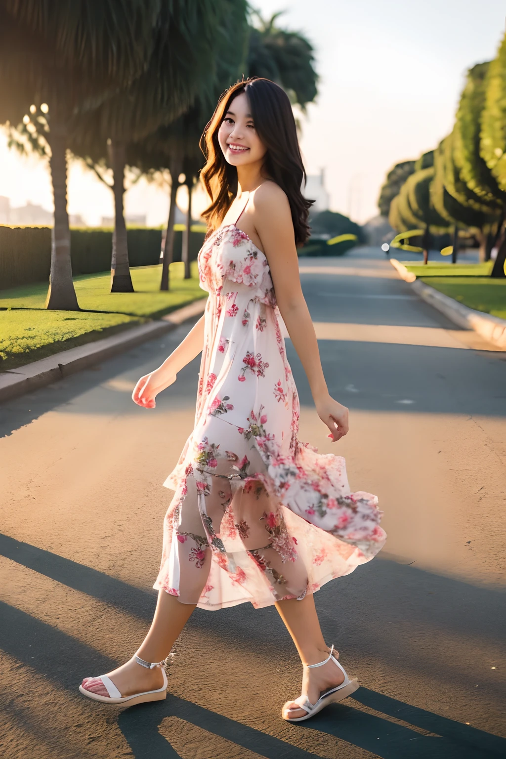 beautiful woman wearing a flowy dress, walking, full body, lovely smile