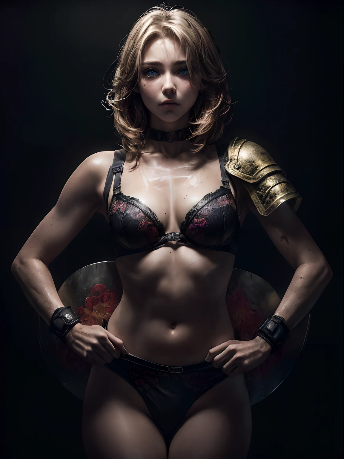 best photo from the exhibition, 35 mm, cell shading, bloom, dark and gloomy (full body:1.5) 8k , female , (holds in his hands a combat shield that is not new:1.4), (natural texture of the skin:1.5), scratches on the skin, (1girl:1.3), flowers underwear, latex belts, medium breasts, extreme detailed,(fractal art:1.3),colorful,highest detailed