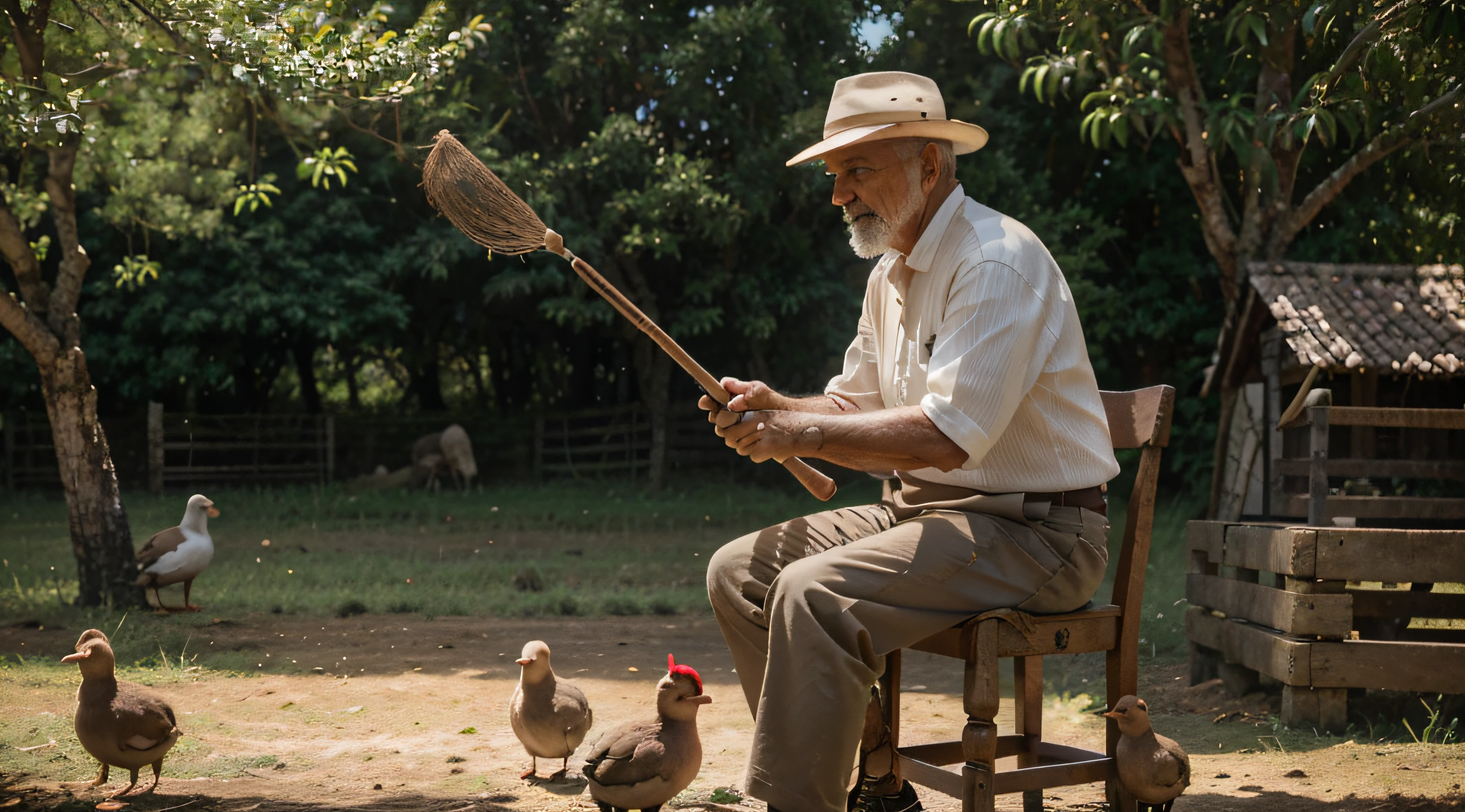 arte, old man, Action, homem sentado na cadeira de madeira segurando uma vassoura, campo, fazenda, Galinhas, Patos, Porcos, lindo dia, sol, Wind in the TreesHigh Detail, ultra detalhe, 4k, Ultra high resolution