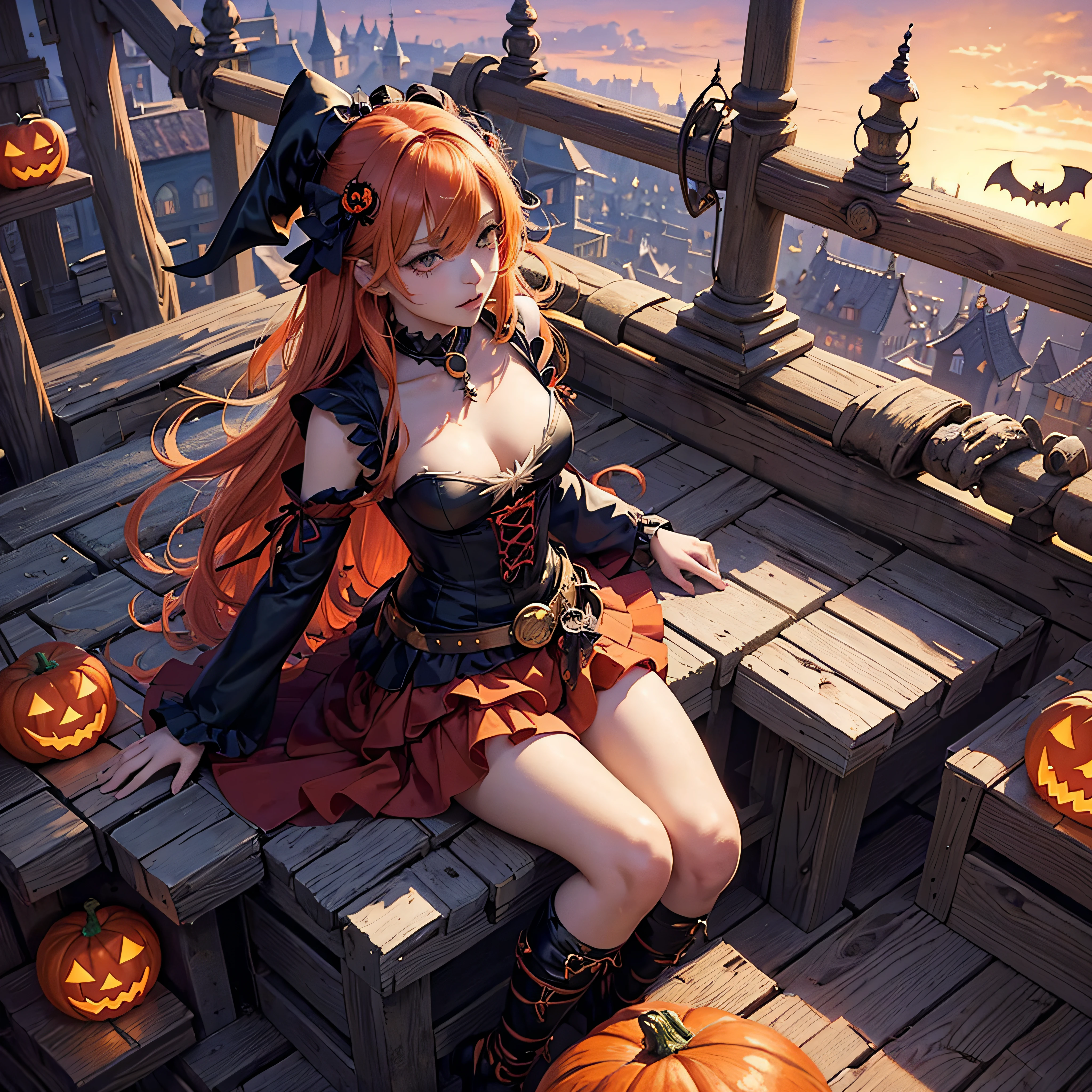 anime girl in a witch costume sitting on a ledge with a pumpkin, a picture by Kamagurka, pixiv contest winner, fantasy art, halloween art style, anime art wallpaper 8 k, anime art wallpaper 4 k, anime art wallpaper 4k, halloween theme, in a halloween style, trick or treat, ❤🔥🍄🌪, halloween celebration