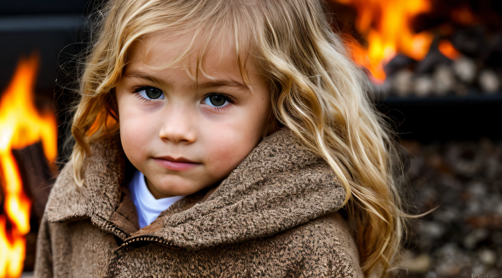 KIDS BLONDIES LONG HAIR, ROUPA DE COURO, close up, fogo ao fundo, , undefeatable, FIRE.