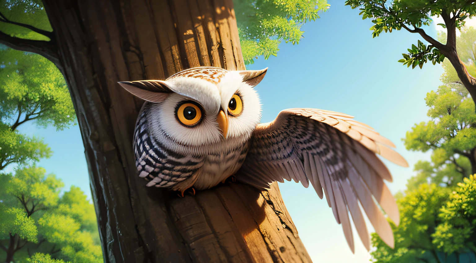 Illustration of a tree with a nice owl hole, e Timo, a corujinha, saindo dela com um sorriso caloroso.
