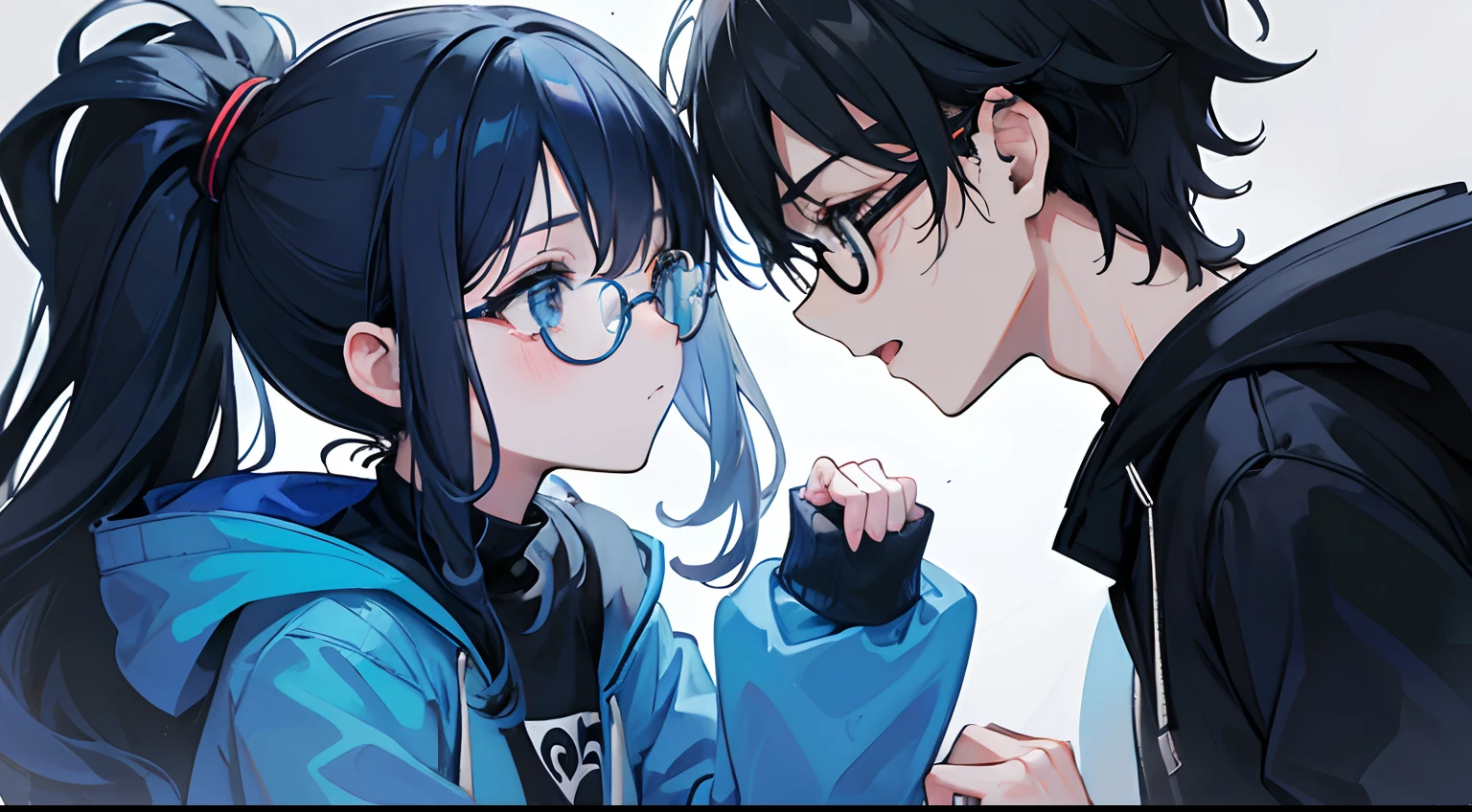 2fiends, boy and girl, fist bump each other, boy is wearing blue hoodie, black jeans, and the girl has black and blue long wavy hair, light blue jacket, dark blue trousers, cute glasses.