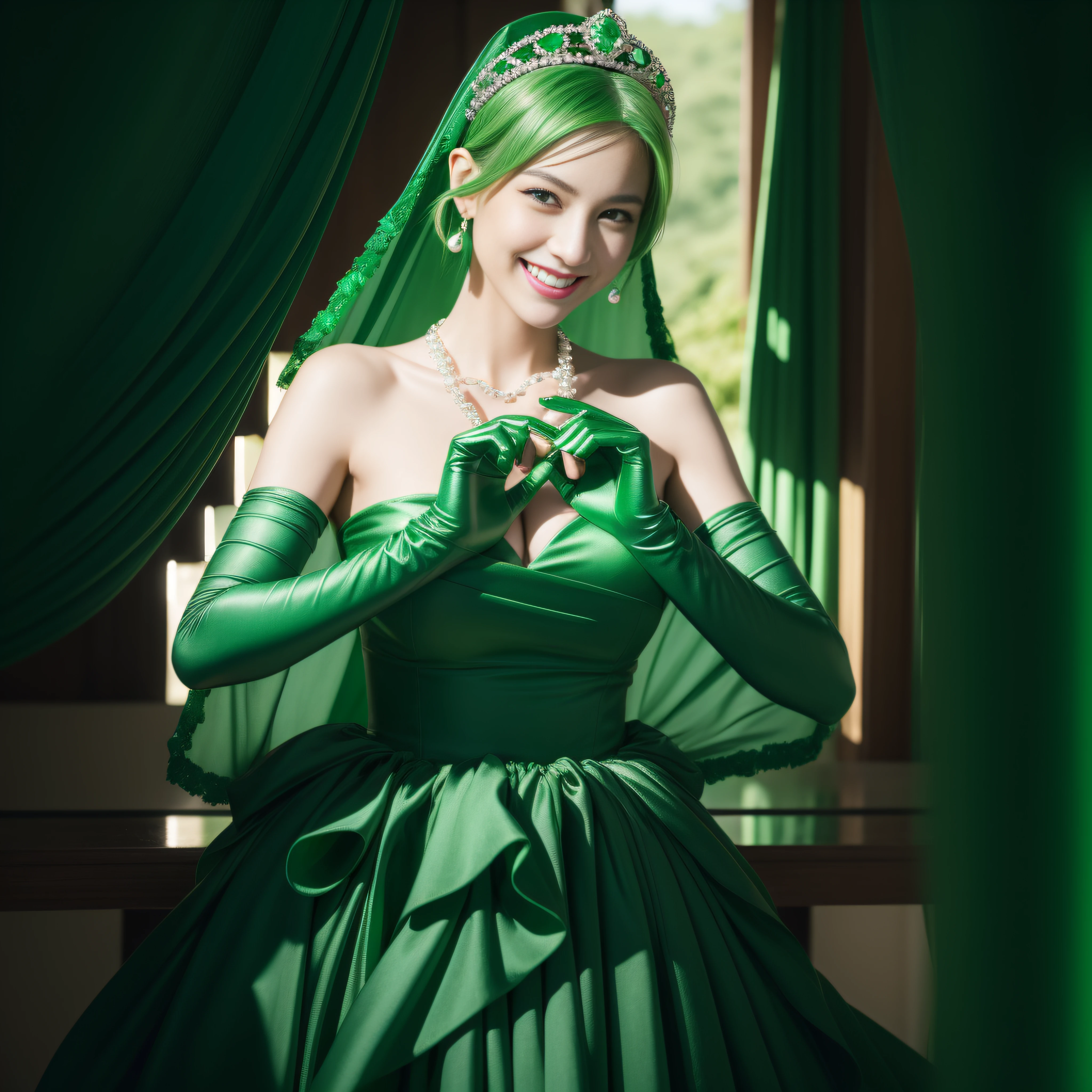 emerald tiara, Green Pearl Necklace, Boyish very short green hair, lipsticks, Japan woman smiling, very short short hair, big breasts beautiful, Green eyes, Long green gloves made of satin material, Green eyes, Emerald Earrings, green vale, Heart with both hands,Green hair