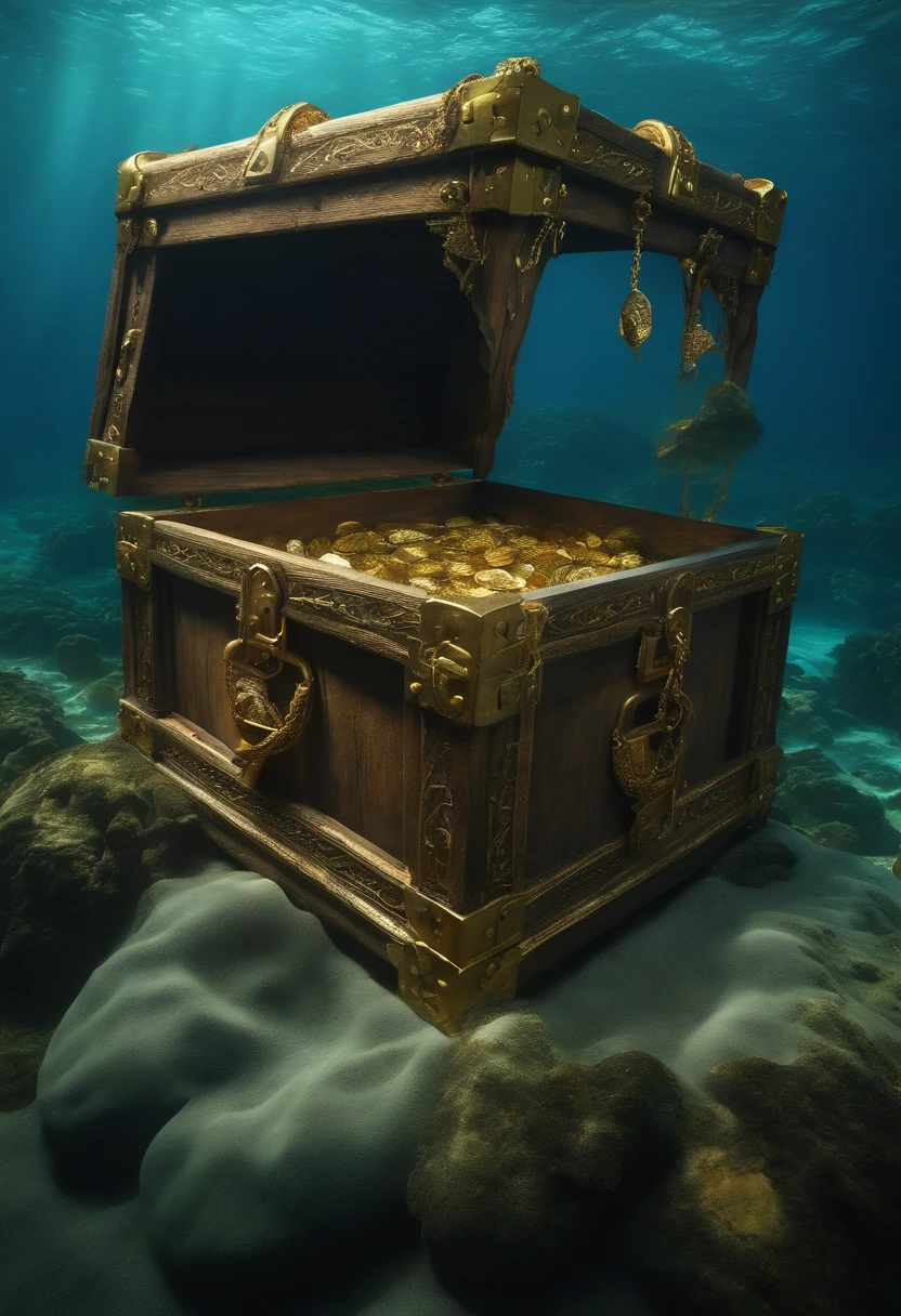 Detailed and realistic seabed, avec des colonnes grecques, marine vegetation, An open treasure chest with pirate-style gold coins made of wood and metal on the bottom, Ripple effect of the water as if you were underwater