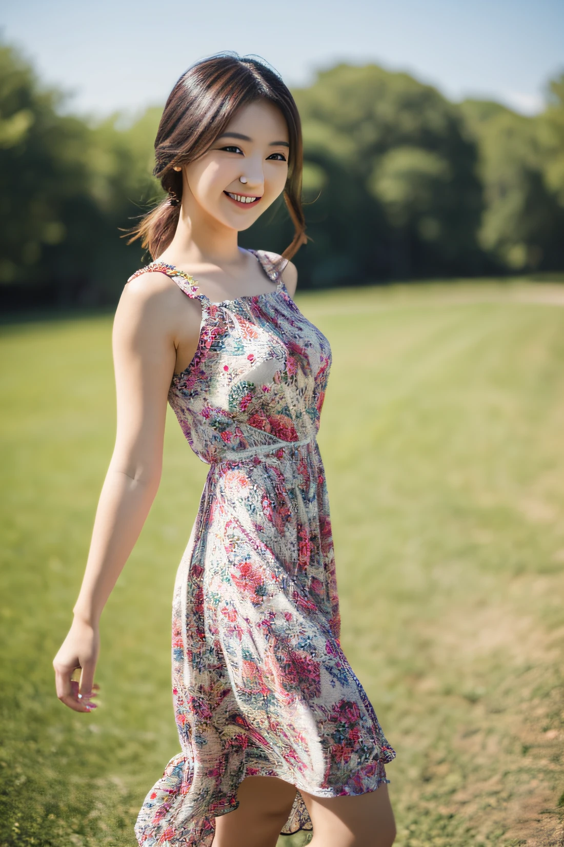 beautiful woman wearing a flowy dress, walking, full body, lovely smile, sharp focus, ultra detailed nice face,