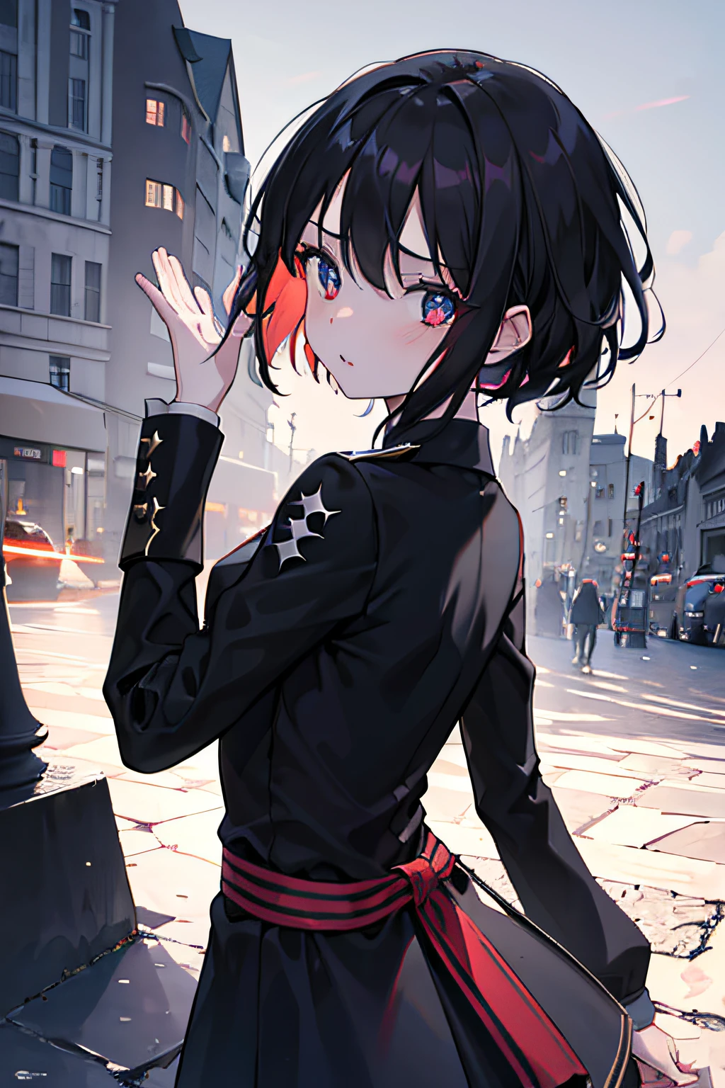1girls, kurzes schwarzes Haar, Rote Augen, schwarzes Hemd tragen, Back Rock, Stadt, absurdres, hight resolution, ultrascharf, 8K, Meisterwerk, Blick auf den Betrachter